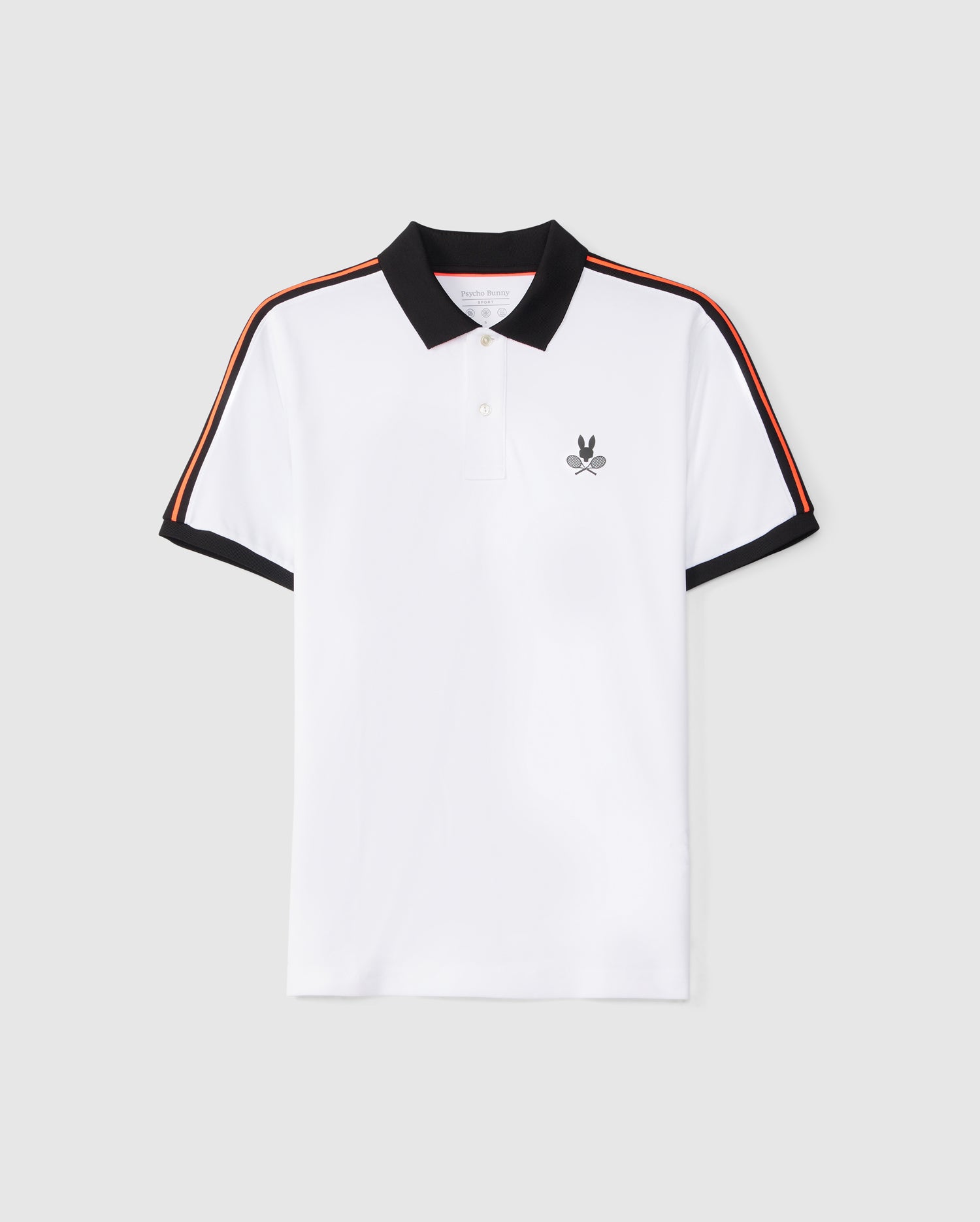 The Psycho Bunny MENS COURTSIDE SPORT POLO - B6K693C200 featuring a rib knit collar and black sleeve cuffs. The shirt is accented with orange and black stripes along the shoulders and sleeves. An embroidered Bunny logo of a small black bunny with crossing tennis rackets adorns the left chest.