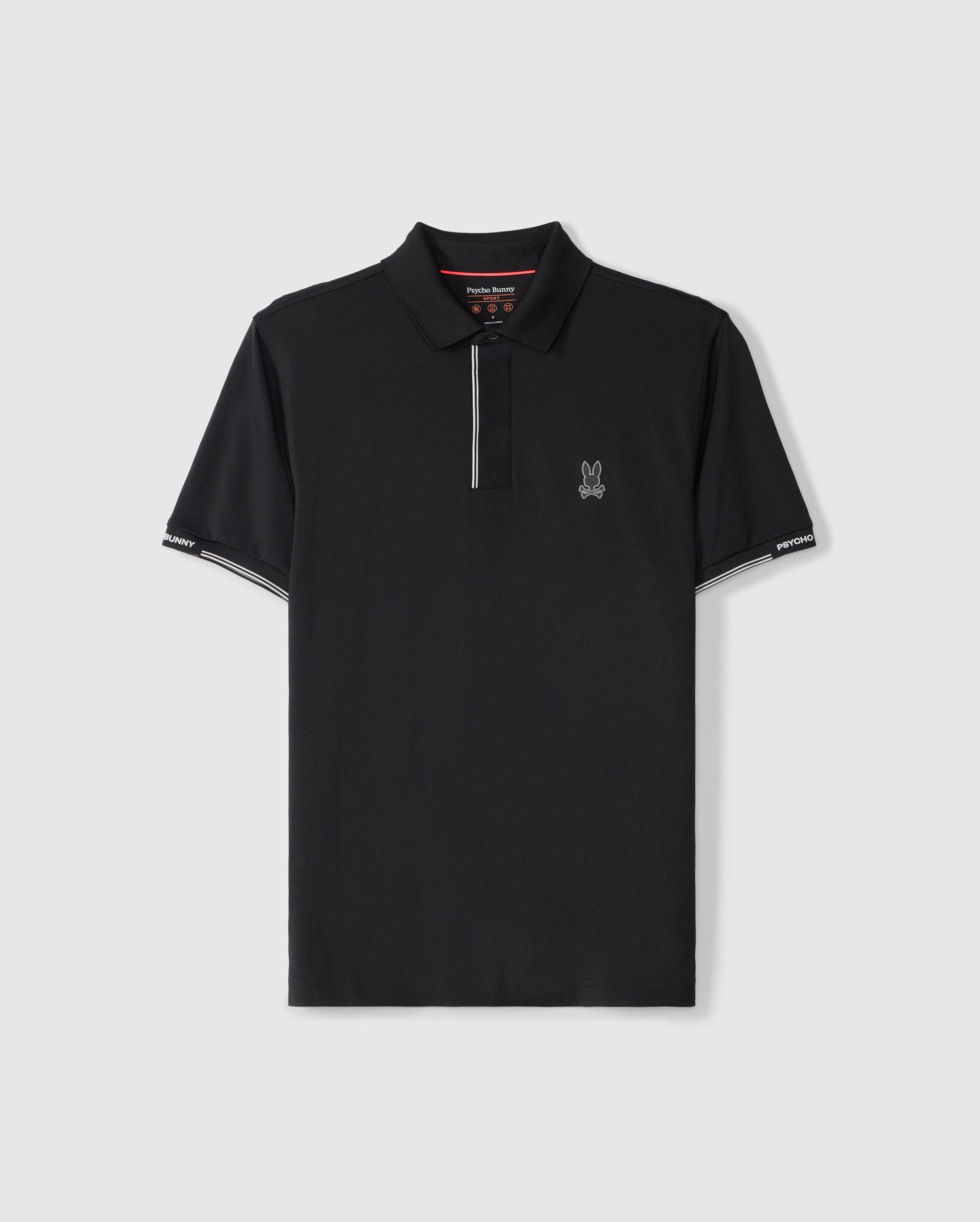 Introducing the Men's Edmonds Sport Polo Shirt - B6K906D200 by Psycho Bunny: This black polo shirt features a small embroidered rabbit logo on the left chest and is made from tech pique fabric for breathable performance. The collar and sleeve cuffs include subtle white striped detailing, with the brand name 