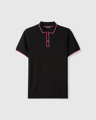 The Psycho Bunny MENS KENT PIQUE POLO SHIRT - B6K951D200 boasts a sleek black design with pink trim on the collar and sleeves. Featuring a three-button placket and a chest emblem, this pique polo shirt makes a statement against its white background.