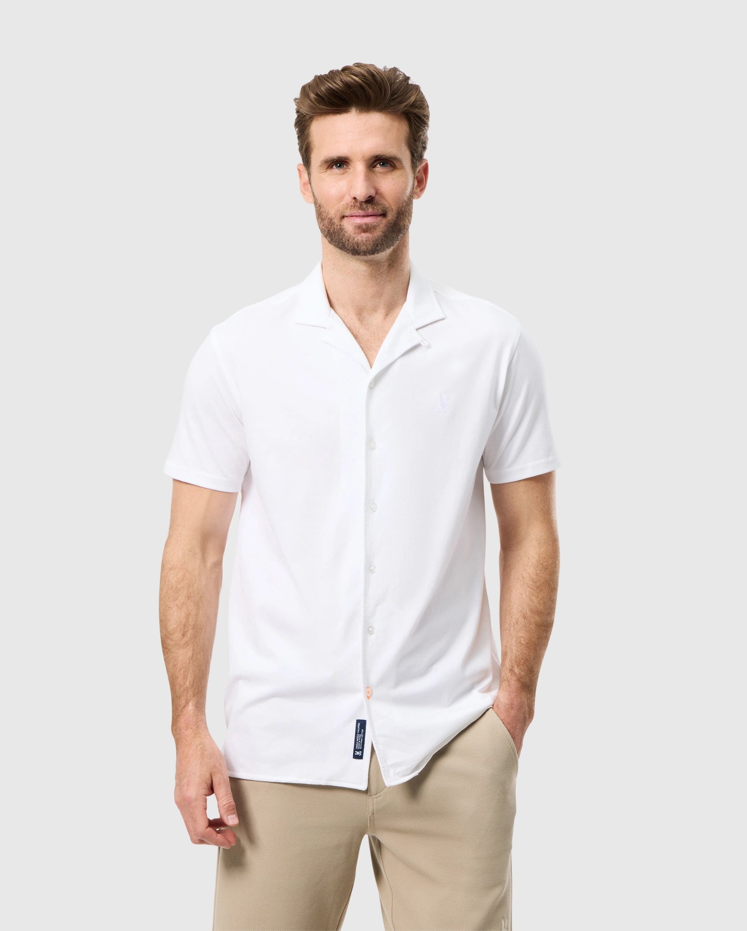 MENS WHITE KELLER CAMP COLLAR SHORT SLEEVE SHIRT | PSYCHO BUNNY