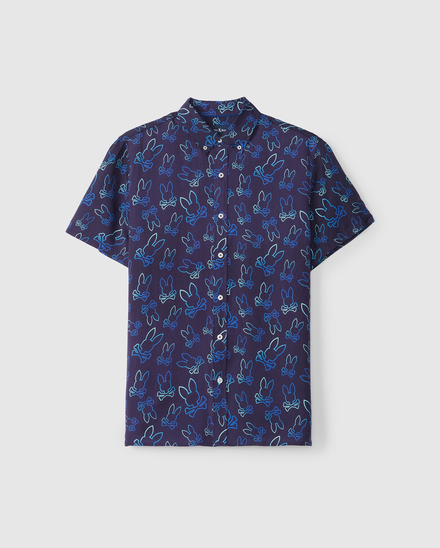 A short-sleeved, button-up shirt with a navy blue base color. The MENS SHELDON ALL OVER PRINT SHIRT - B6Q574C200 by Psycho Bunny features a repeating pattern of light blue and turquoise line drawings of hands making the peace sign. The classic collar and casual fit make this Pima cotton shirt perfect for relaxed occasions.