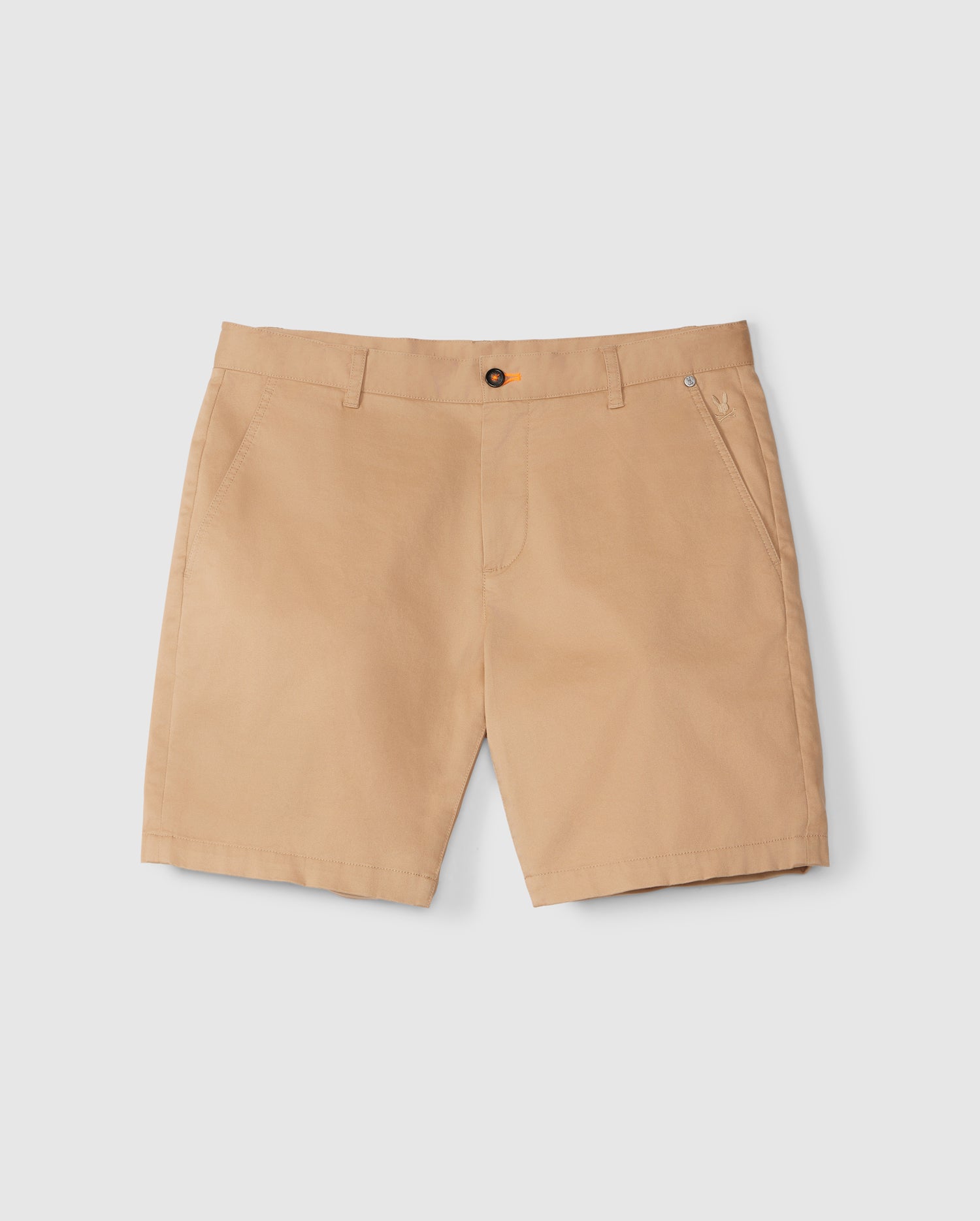 Men's Psycho Bunny York chino shorts with an orange button and an embroidered logo, displayed flat on a white background.