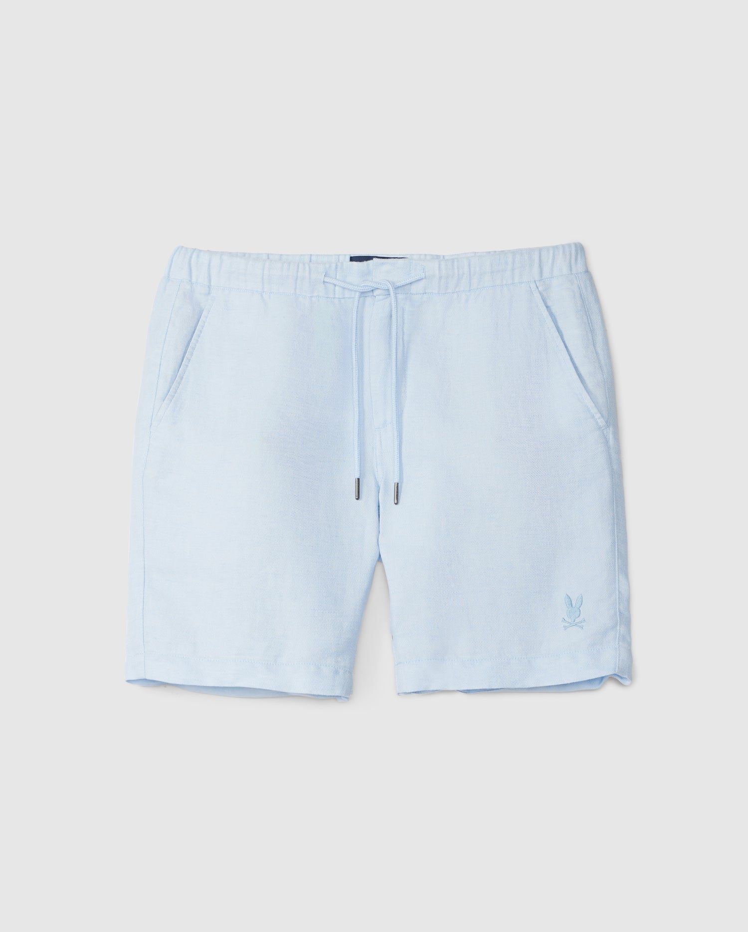 Blue Psycho Bunny shorts crafted from a breathable fabric with a drawstring waist and a small logo on the left leg, displayed against a plain white background.