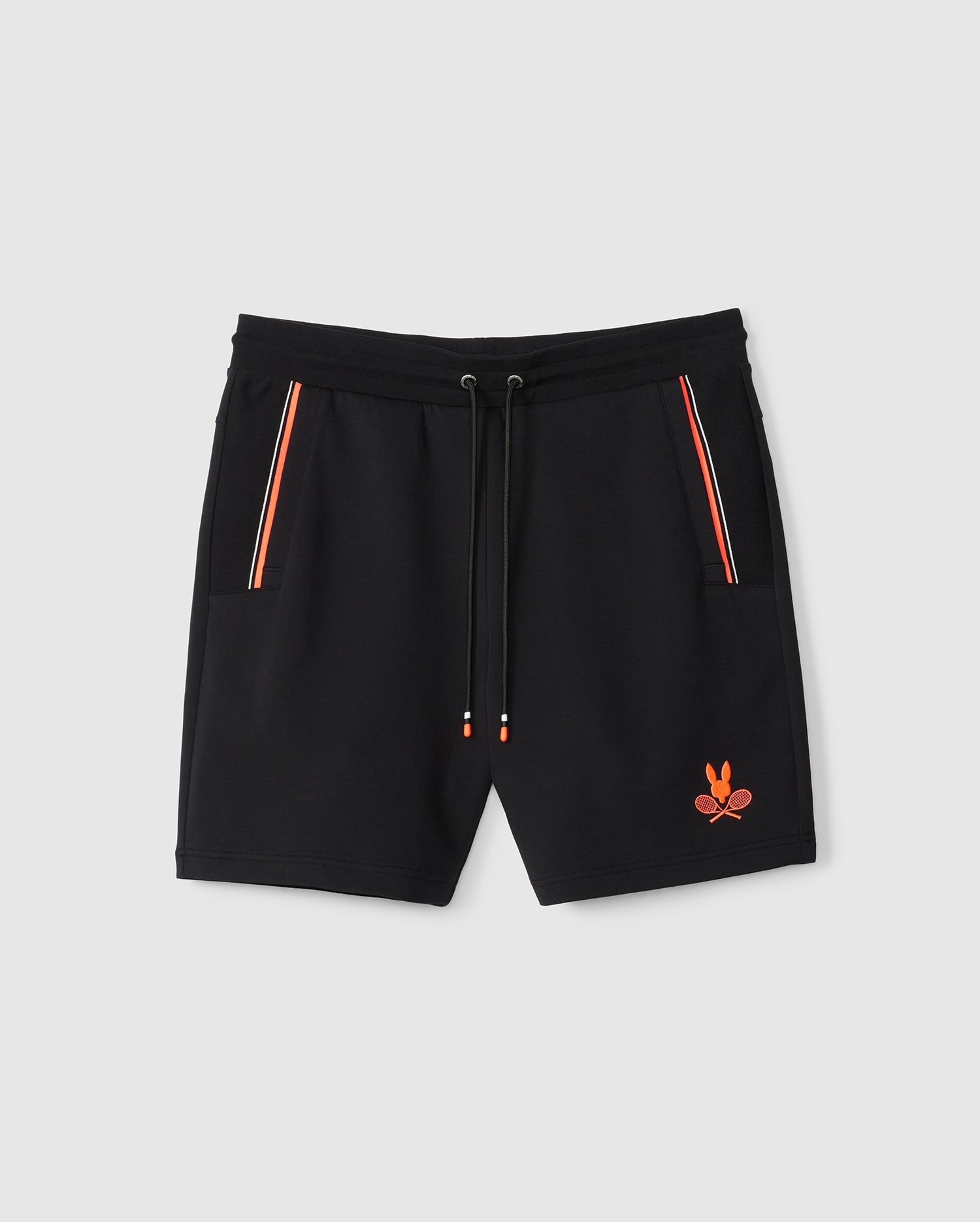 A pair of Psycho Bunny MENS COURTSIDE TRACK SHORT - B6R690C200 in black with red and orange accents. Made from a stretch cotton-blend fabric, they feature a drawstring waist, two side pockets with striped details, and a small red emblem on the right leg. The shorts are displayed against a plain white background.