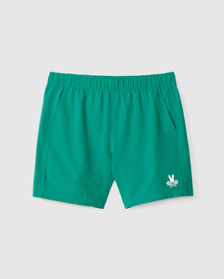 Green athletic shorts with a drawstring-adjustable waistband and side pockets. These performance-ready stretch shorts feature a small white logo of a rabbit holding tennis racquets located at the bottom left hem, perfect for your next courtside session. The Psycho Bunny MENS COURTSIDE SPORT TRACK SHORT - B6R691C200 is designed to provide both comfort and style.