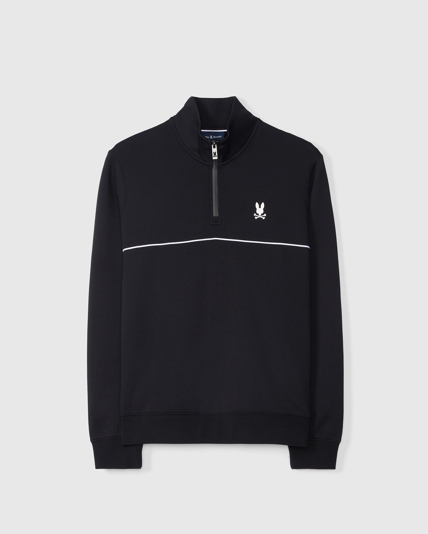 A men's quarter-zip sweatshirt, the MENS LEON HALF ZIP SWEATSHIRT - B6S204B200 from Psycho Bunny, this black long-sleeve pullover, crafted from lightweight Modal-blend fleece, features a minimalistic white line across the chest and a small white bunny logo with crossed bones beneath it on the left side. Perfect for those seeking performance-driven style.