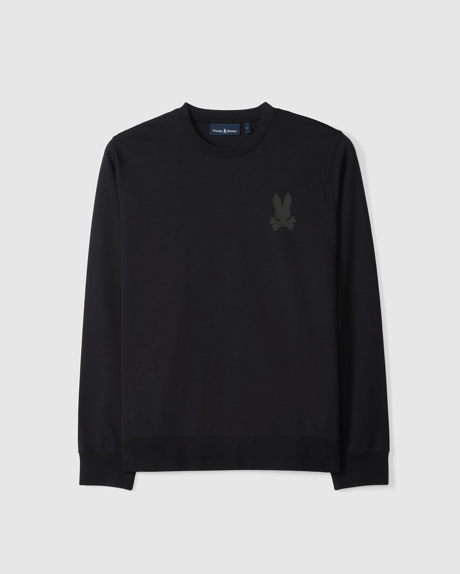 Flat front view of the mens houston french terry crewneck in black featuring a tonal psycho bunny logo