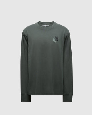 The Psycho Bunny Men's Pierce Long Sleeve Back Graphic Tee (B6T178E200) is a dark green, comfortable shirt made from soft Pima cotton. It features a small black graphic design on the left chest that adds a subtle elegance against a plain background.