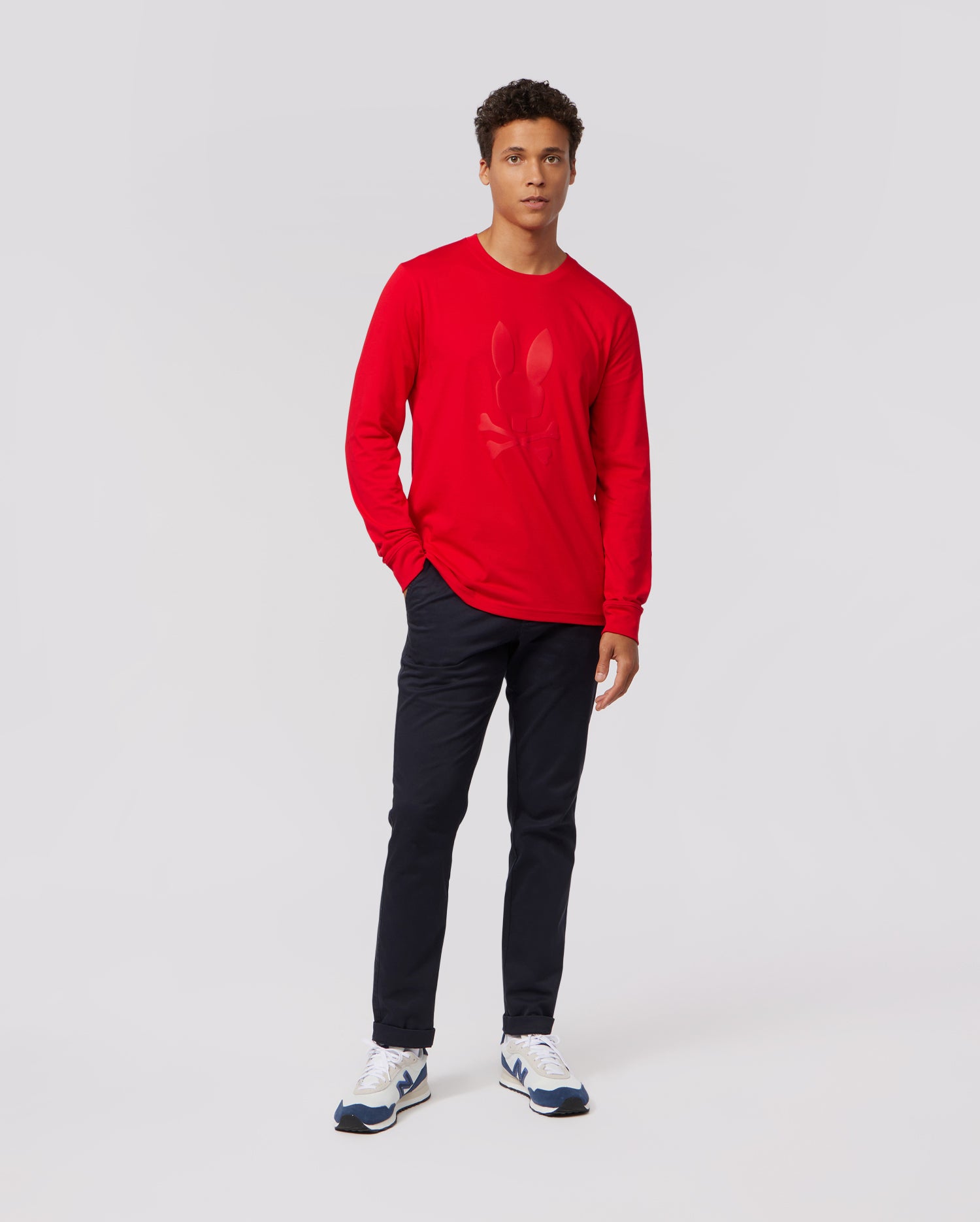 MENS RED SACRAMENTO RUBBER EMBOSSED LONG SLEEVE TEE | PSYCHO BUNNY