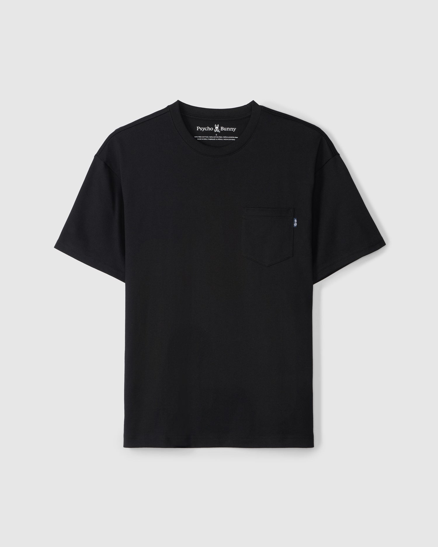 A simple yet stylish black Pima cotton short-sleeve T-shirt with a round neck and a small chest pocket on the left side. The label inside the collar reads 