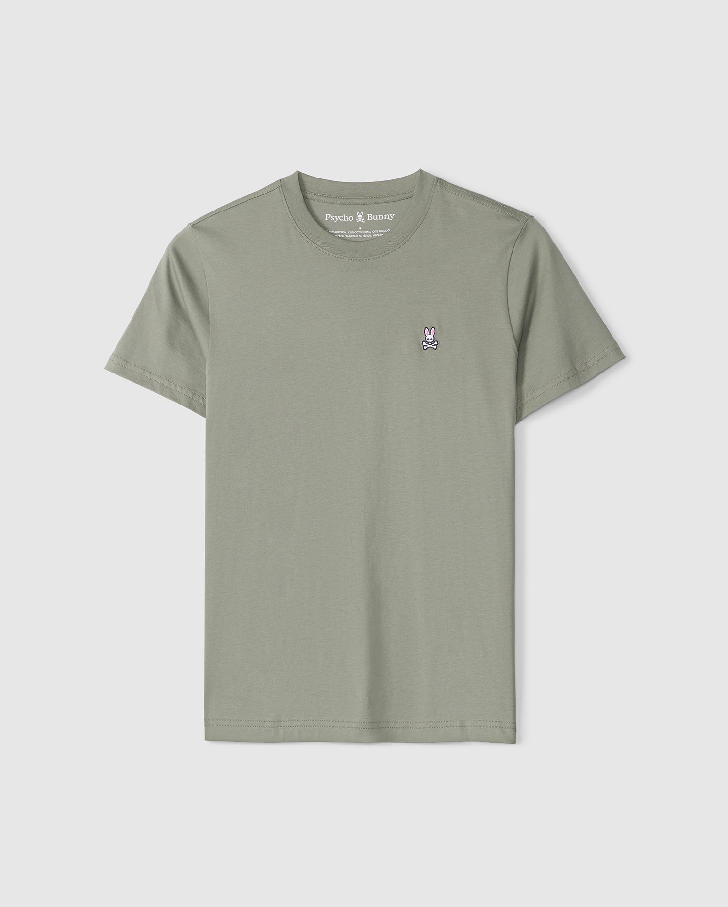 A plain olive green Psycho Bunny Men's Classic crewneck tee displayed on a white background, featuring a small white cartoon-style bunny logo on the left chest area.