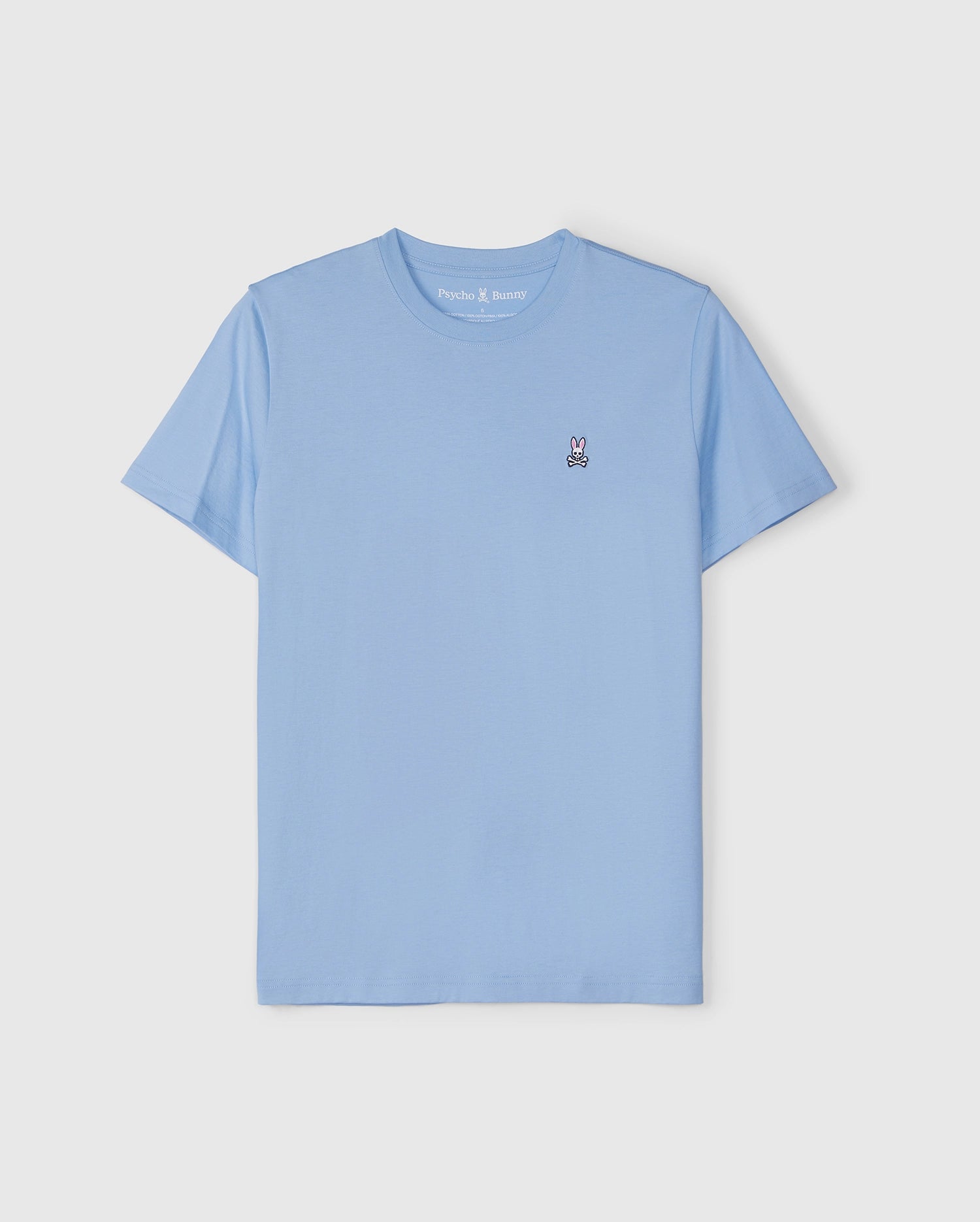 Pale blue crewneck tee with a small bunny graphic and 