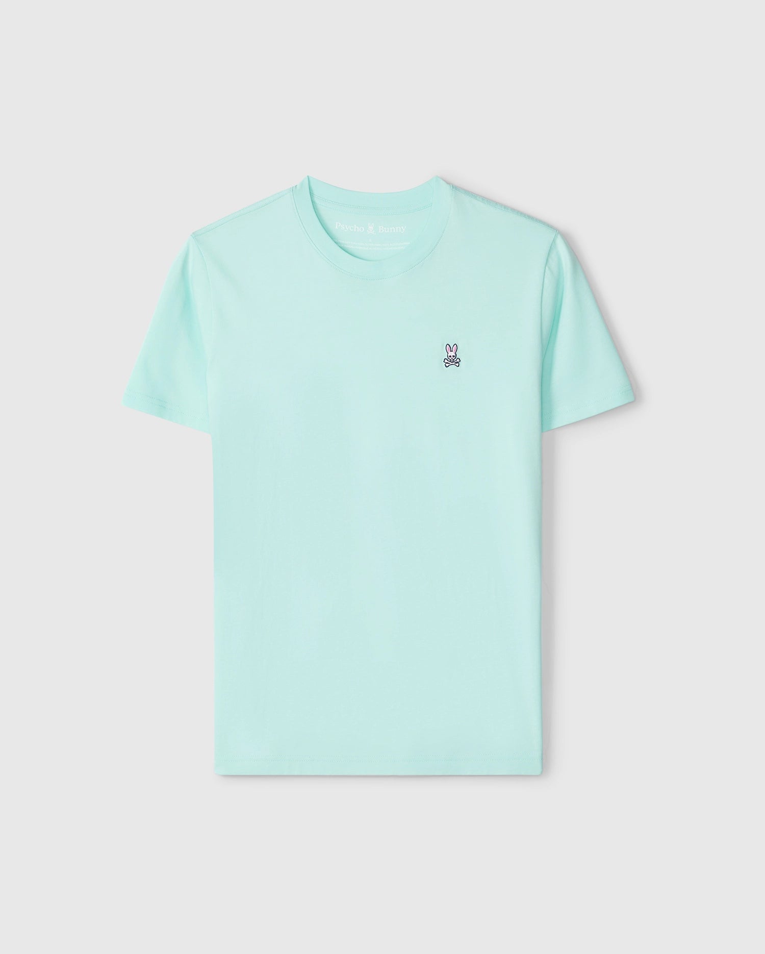 A plain light blue MENS CLASSIC CREW NECK TEE made of high-quality cotton, displayed on a white background with a small black logo on the left chest area. The shirt has short sleeves.