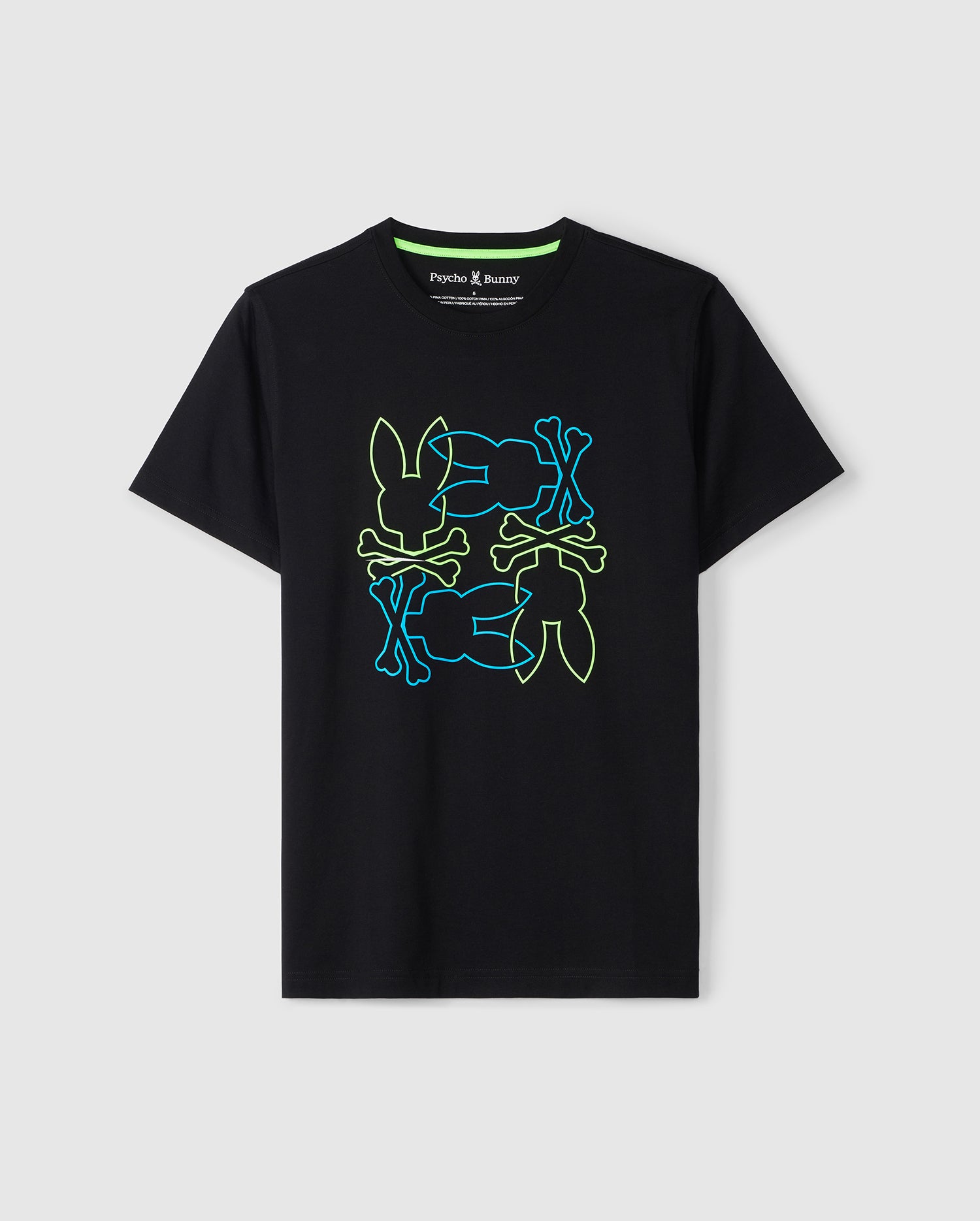 Black MENS RODMAN GRAPHIC TEE featuring an HD-printed interlocking Bunny design in neon blue and green, displayed on a plain background by Psycho Bunny.