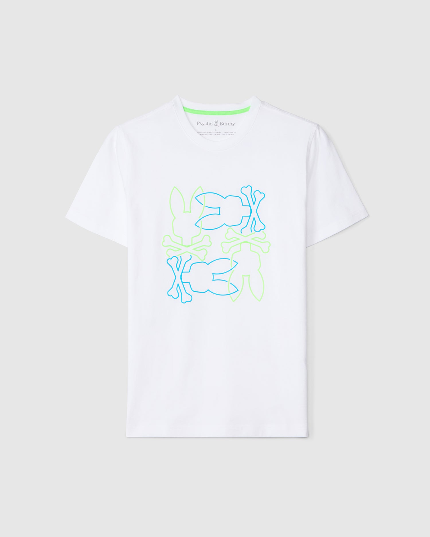 White MENS RODMAN GRAPHIC TEE - B6U111B2TS by Psycho Bunny featuring a graffiti-inspired, HD-printed design in blue and green lettering that reads 