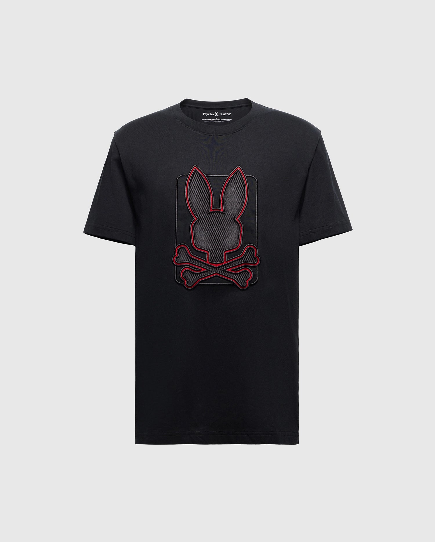 Introducing the MENS PIERCE EMBROIDERED GRAPHIC TEE - B6U115E200 by Psycho Bunny: a stylish and durable black Pima cotton T-shirt featuring a graphic design of a rabbit's silhouette with crossed bones, outlined in red against a grayish-white background. Perfect for everyday wear.