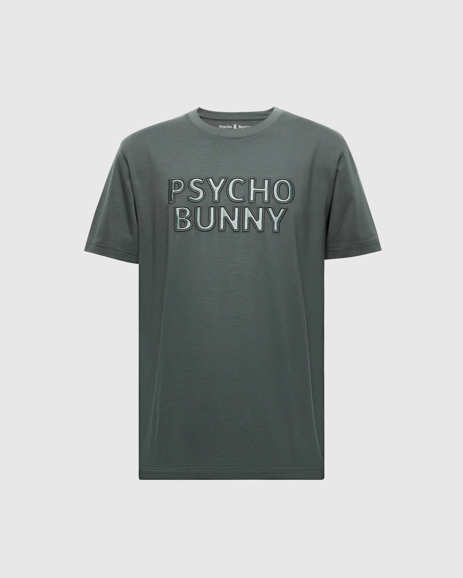 Introducing the MENS PIERCE EMBROIDERED GRAPHIC TEE - B6U116E200 from Psycho Bunny, a stylish gray tee with the 