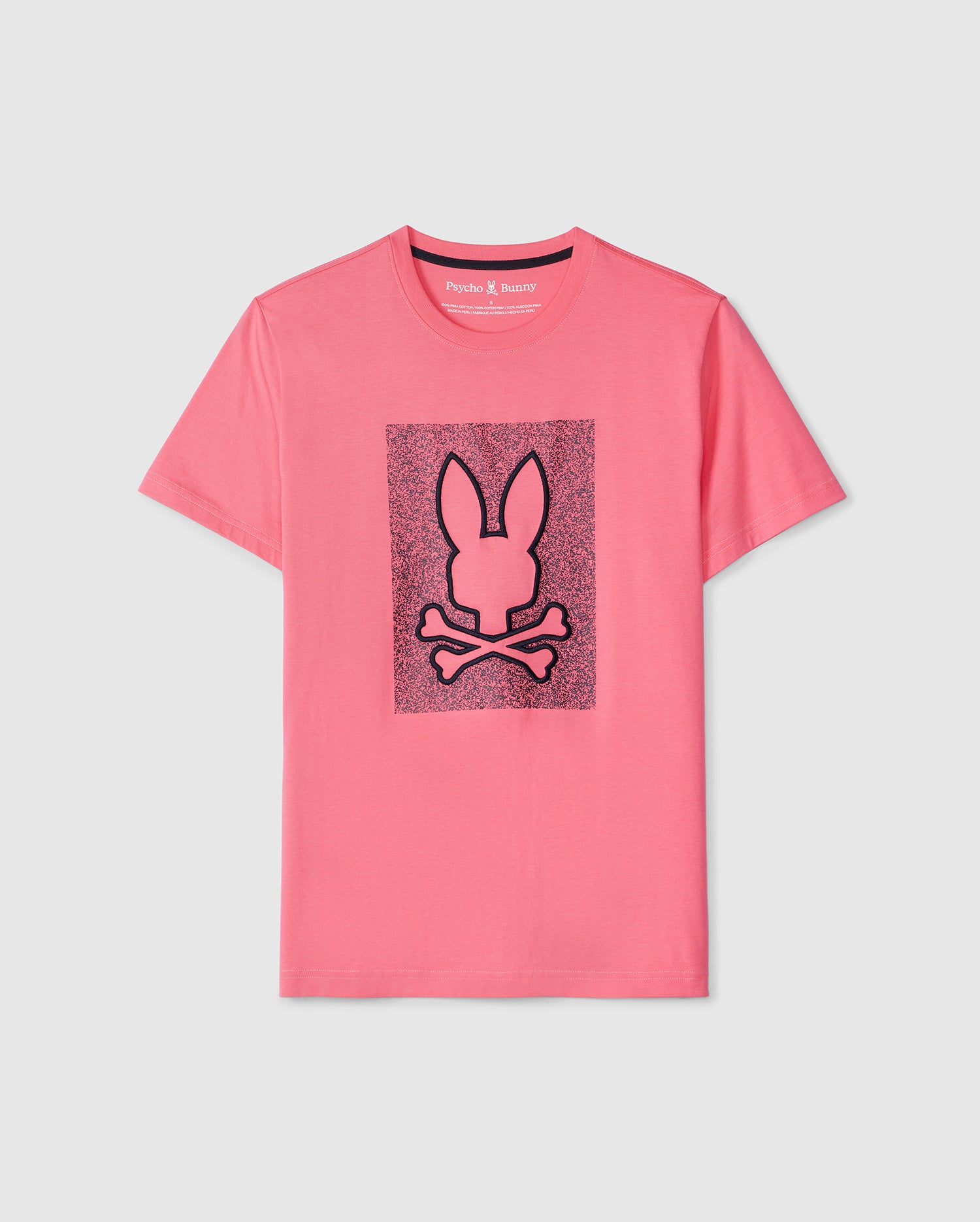The MENS LIVINGSTON GRAPHIC TEE - B6U247B2TS in pink features a black Bunny design with crossbones underneath. Made from ultra-soft Peruvian Pima cotton, the graphic boasts a textured background, and the renowned 