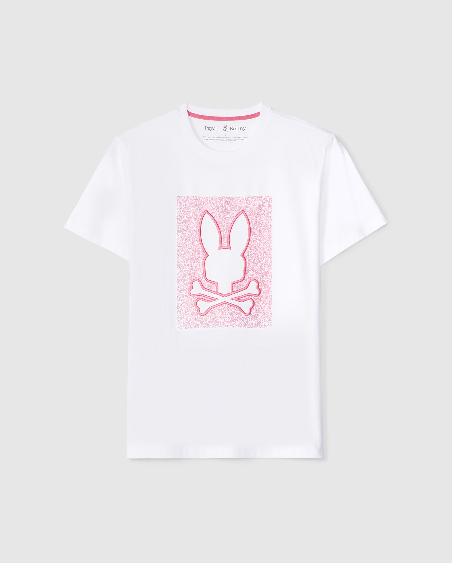 White MENS LIVINGSTON GRAPHIC TEE crafted from Peruvian Pima cotton, featuring a pink psychedelic background square with an embroidered Bunny design sitting above crossed bones. The shirt has a label 