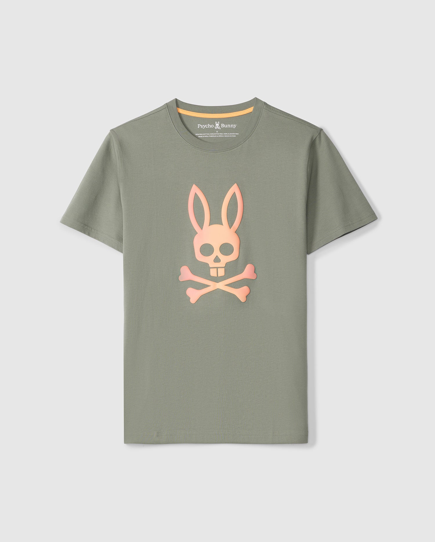 A short-sleeved, olive-green graphic tee featuring a pink, HD-printed Bunny with crossbones on the front. Crafted from luxurious Peruvian Pima cotton, the brand 