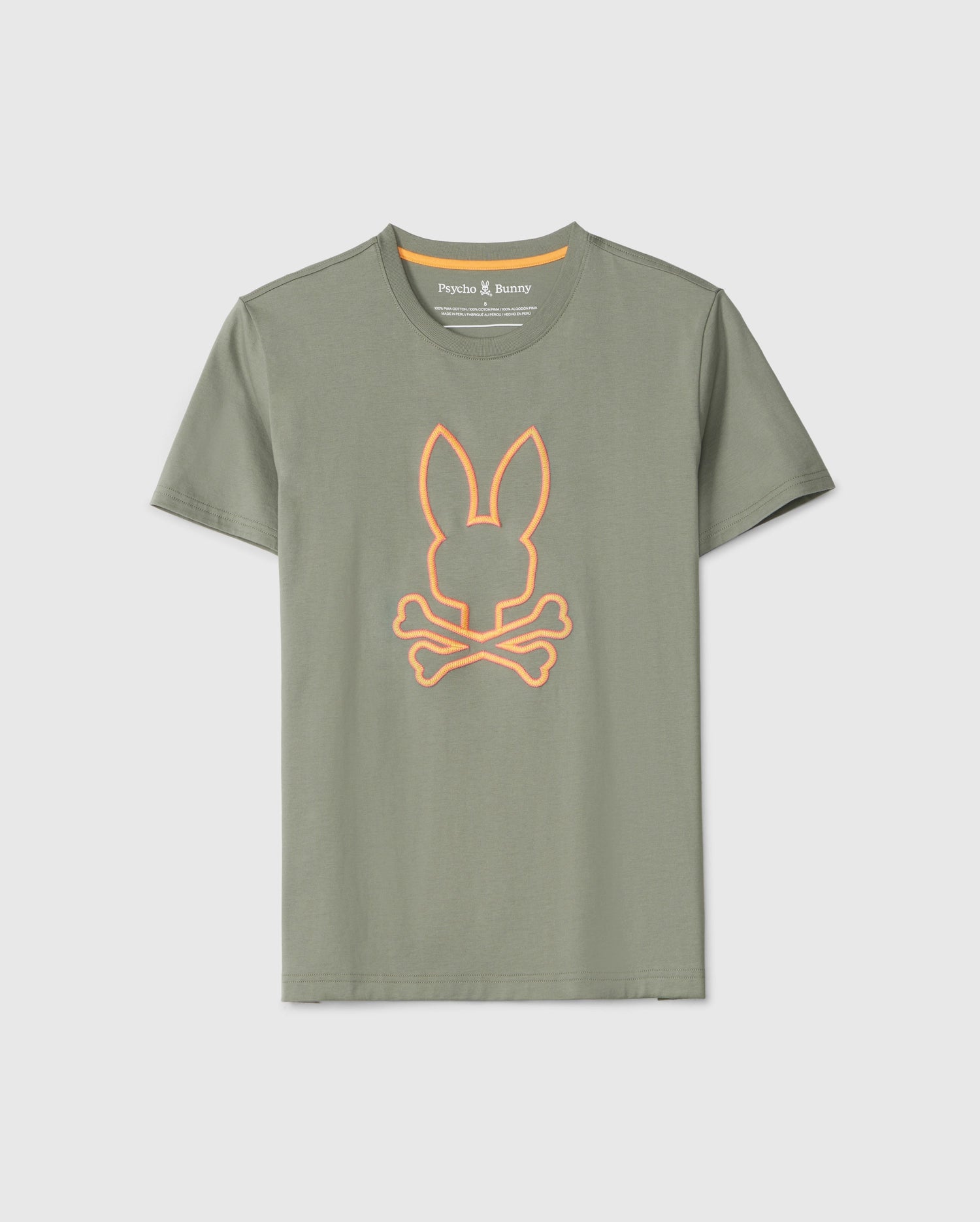 Plain olive green MENS FLOYD GRAPHIC TEE featuring a bright orange embroidered Psycho Bunny logo centered on the chest. The t-shirt is displayed on a neutral background.