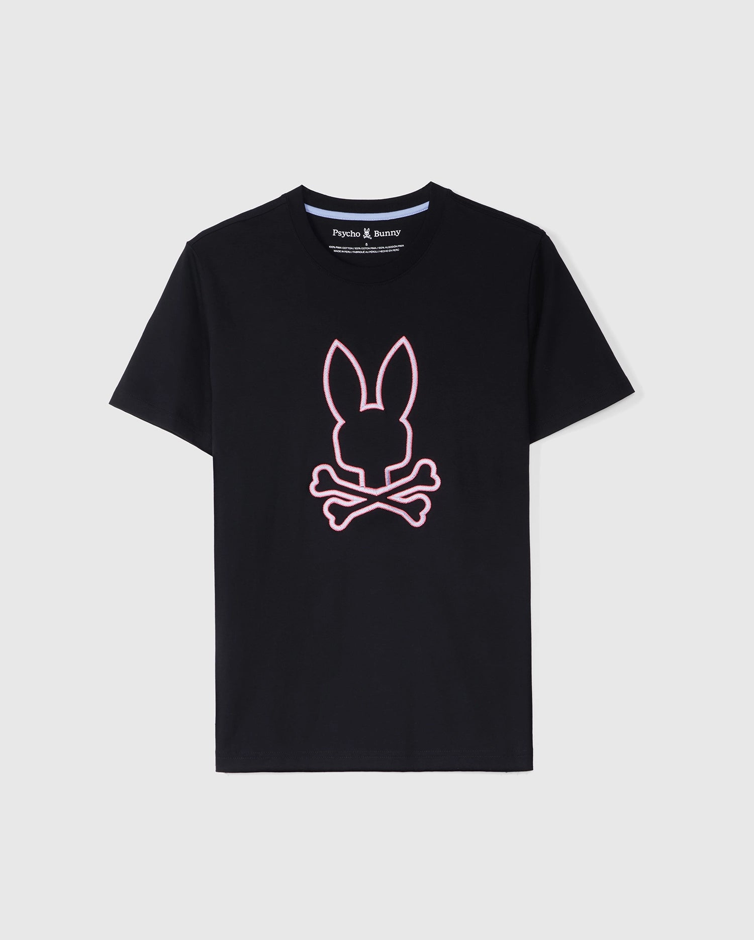 A black MENS FLOYD GRAPHIC TEE - B6U338B2TS featuring a stylized pink bunny head above crossbones graphic on the front. The centrally placed design stands out against the dark background, with an embroidered Bunny outline adding texture. The brand name 
