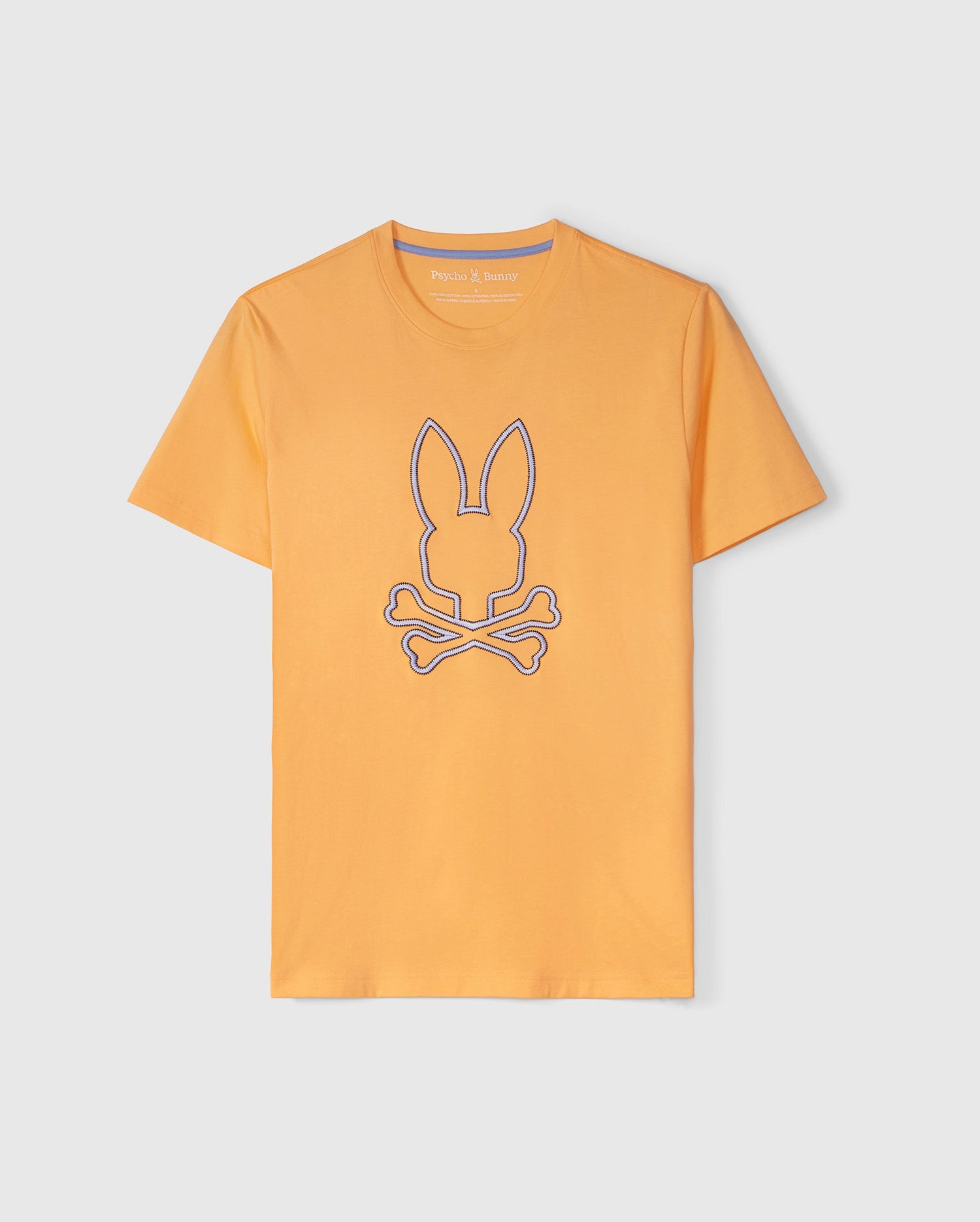 An orange Psycho Bunny MENS FLOYD GRAPHIC TEE - B6U338B2TS featuring a graphic design of a bunny head with elongated ears above crossed bones. The embroidered Bunny outline is highlighted in blue. The regular fit T-shirt is displayed against a plain white background.