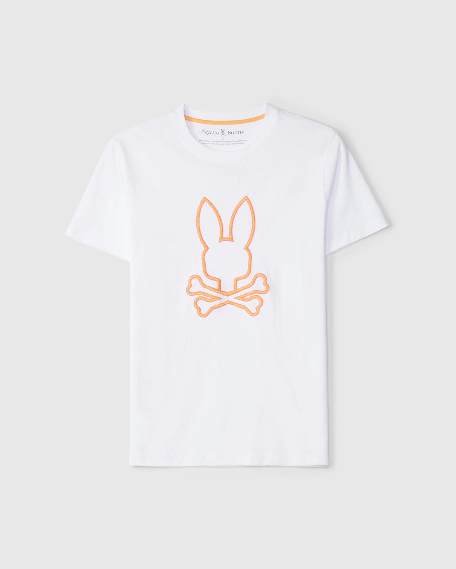 A plain white MENS FLOYD GRAPHIC TEE by Psycho Bunny featuring an embroidered orange outline of a bunny sitting above a pretzel, displayed on a neutral background. The design is minimalistic and centered on the chest area of the shirt.