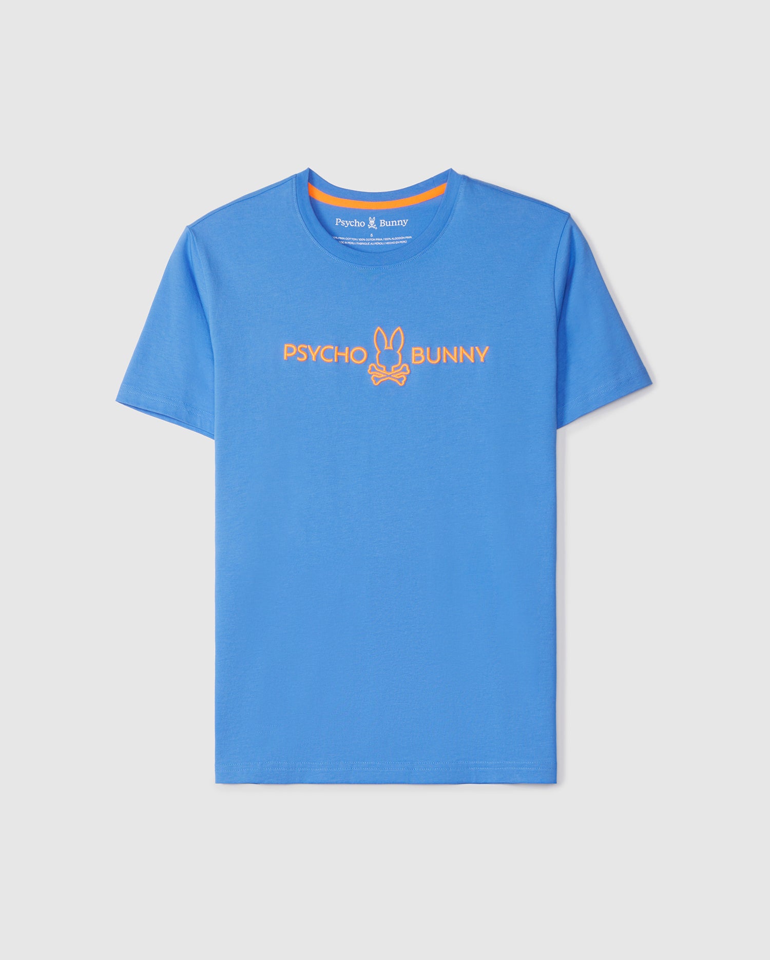 A blue graphic tee with short sleeves, made from soft Peruvian Pima cotton. The front features 