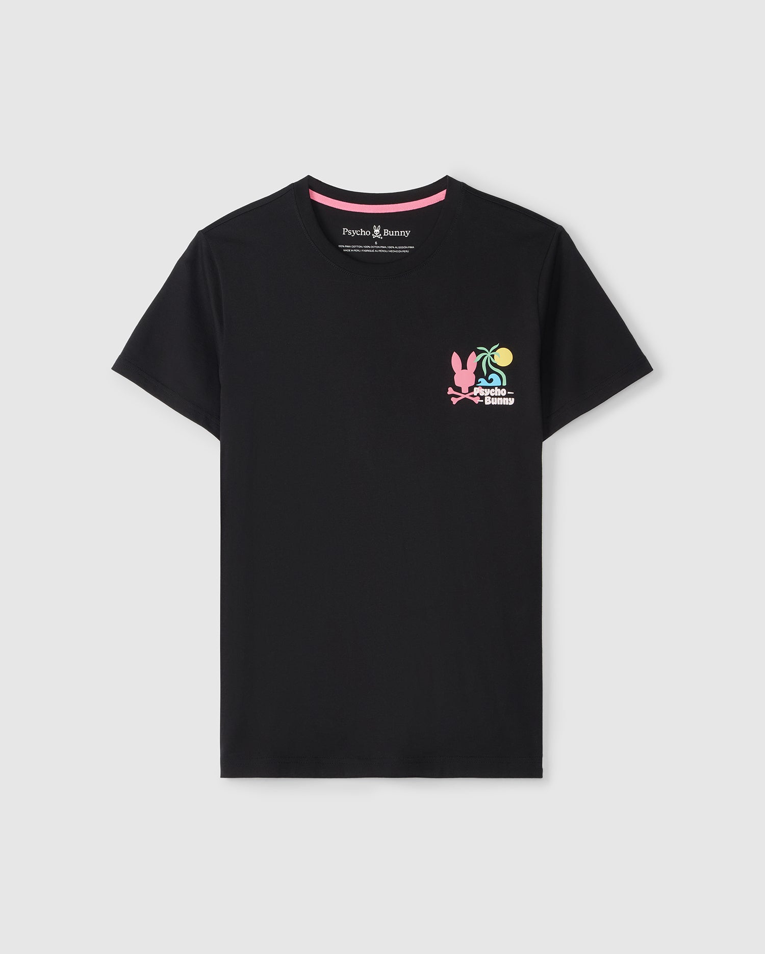 A black MENS MENTZ GRAPHIC TEE - B6U395B200 made from Peruvian Pima cotton, featuring a small, colorful tropical-inspired logo on the upper left chest. The graphic includes a pink rabbit, a person playing soccer, and a sun, accompanied by the text 
