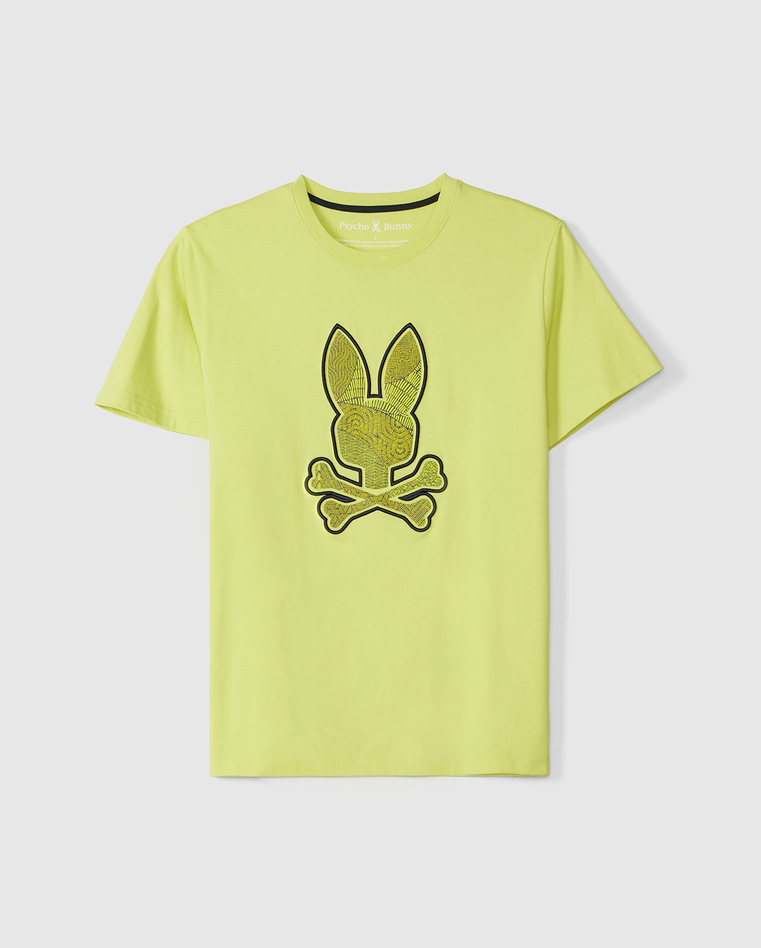 A bright yellow unisex graphic tee with short sleeves featuring a large design on the front. The detailed rabbit head above two crossed bones is outlined in black. Made from soft Pima cotton, the MENS LENOX EMBROIDERED GRAPHIC TEE - B6U405B200 by Psycho Bunny has a relaxed fit and a round neck, perfect for spring style.
