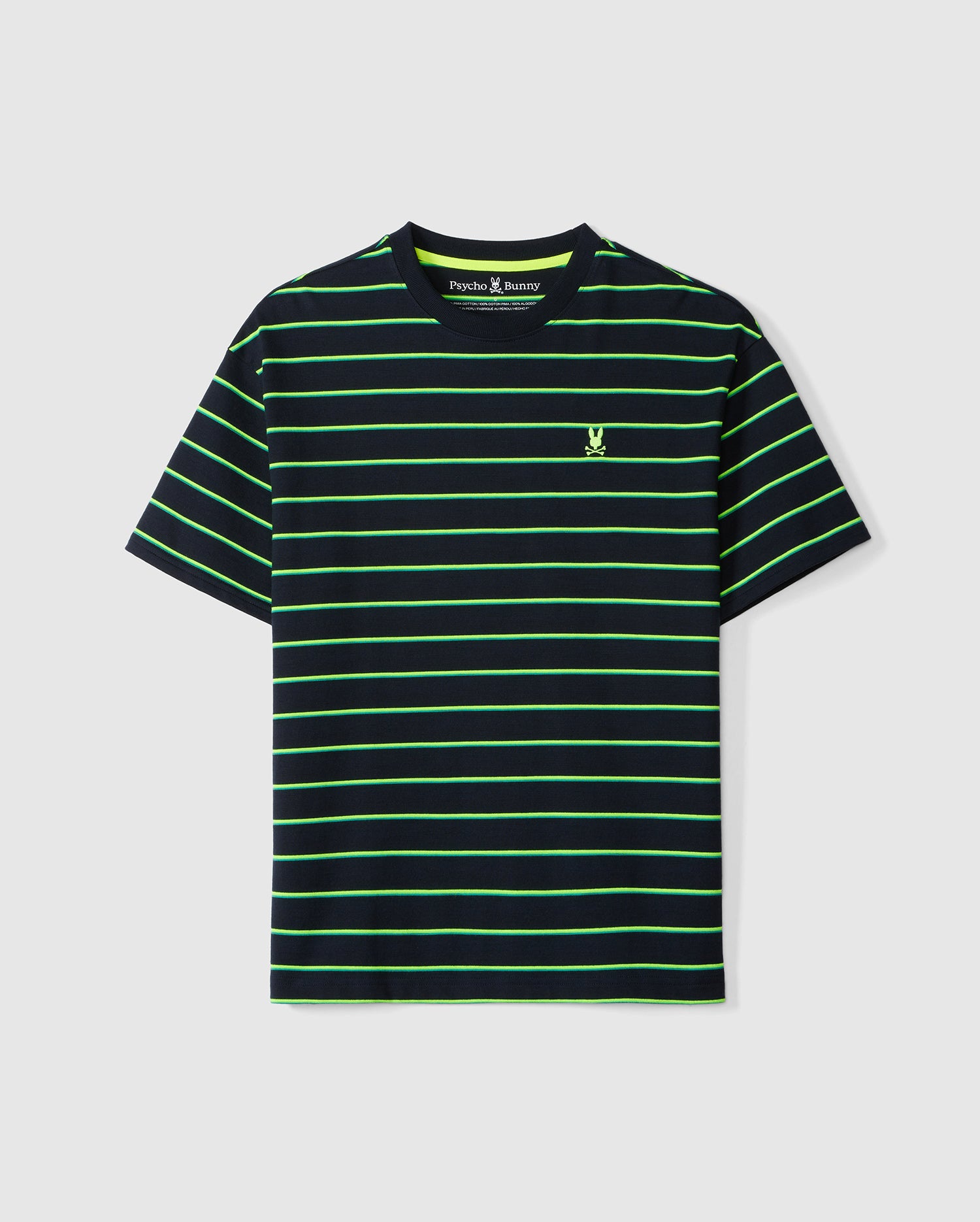 A black T-shirt with thin, evenly spaced 90s-inspired two-tone green stripes. It features a small logo of a stitched rabbit on the left side of the chest. The neckline is round and the shirt has short sleeves, offering a relaxed fit in heavyweight jersey fabric. This is the Psycho Bunny MENS ALTON STRIPE OVERSIZED TEE - B6U409C200.