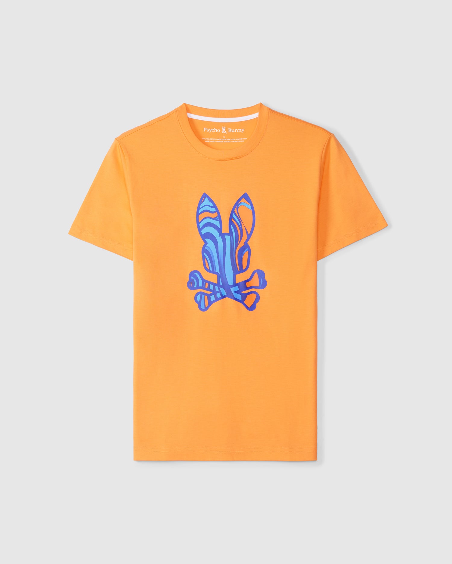 An orange MENS NEVADA GRAPHIC TEE - B6U515C200 featuring a colorful, abstract design in blue, purple, and pink tones centered on the chest. Made from soft Pima cotton, this t-shirt has a classic crew neck and short sleeves by Psycho Bunny.