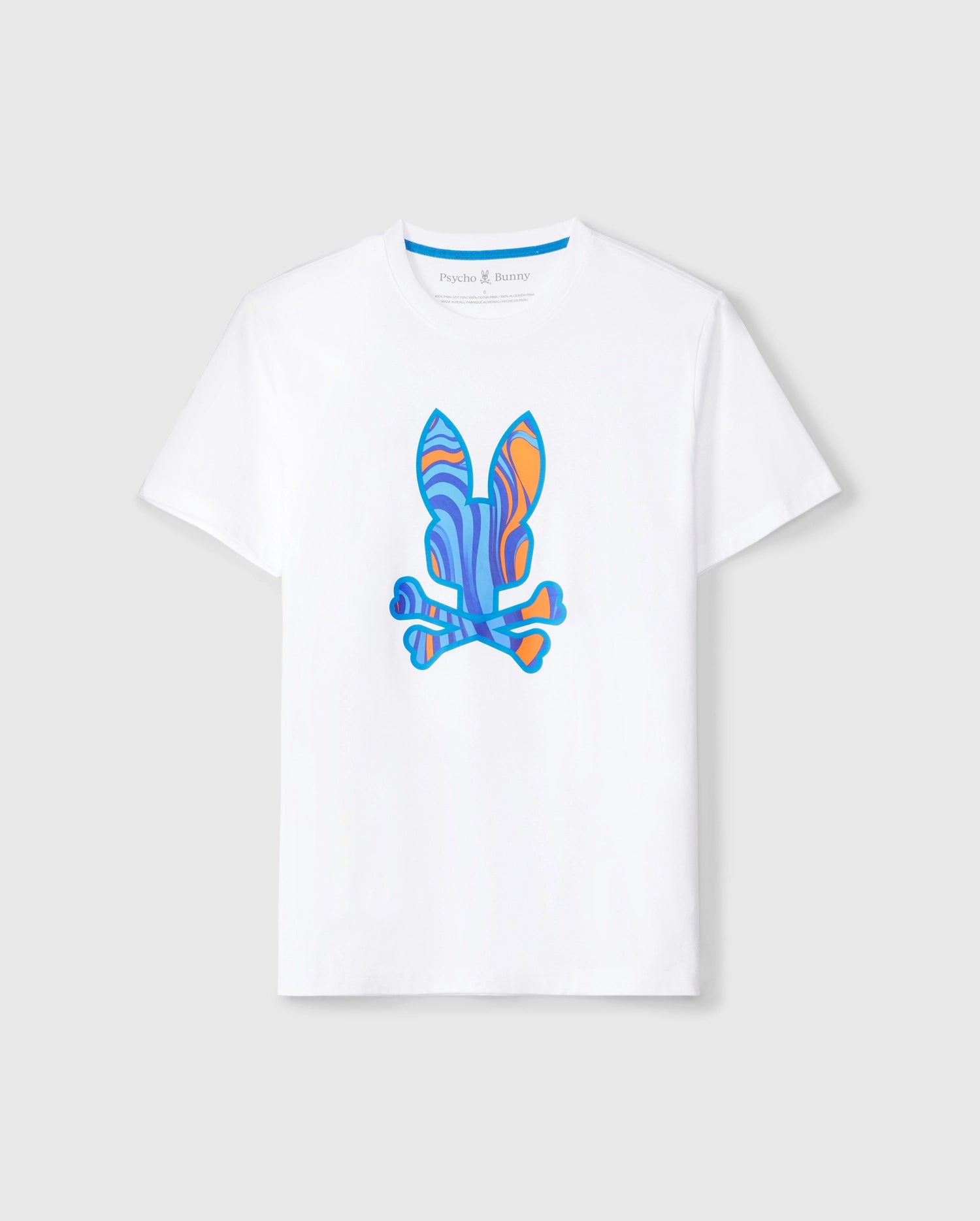 A white MENS NEVADA GRAPHIC TEE - B6U515C200 featuring a swirl-patterned Bunny print in the center of the chest. The stylized bunny head with long ears crossed over two bones is rendered in a mix of blue, orange, and purple patterns on a plain light gray background. Crafted from soft Pima cotton for ultimate comfort by Psycho Bunny.