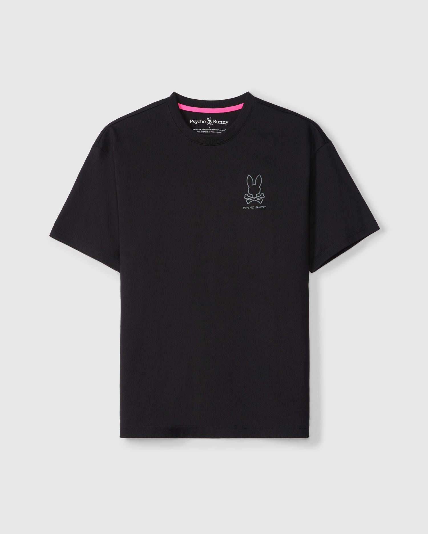 A black Pima cotton jersey t-shirt featuring a small white Bunny graphic on the left chest with 
