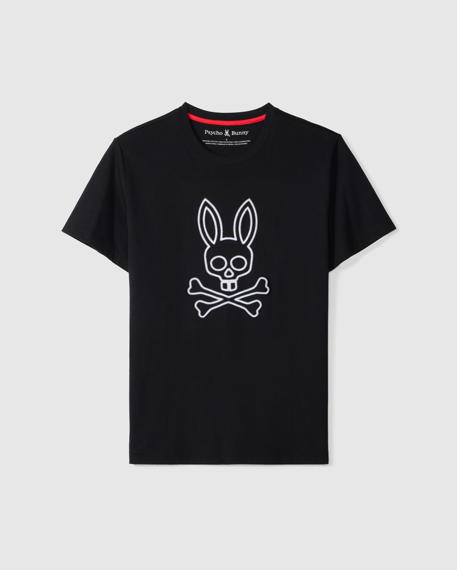 A black Pima cotton MENS SHELDON GRAPHIC TEE - B6U569C200 featuring a white design of a bunny skull and crossbones on the front. The unique blend of a bunny's head with crossbones gives it an edge. The inside neckline has a brand label with the text 