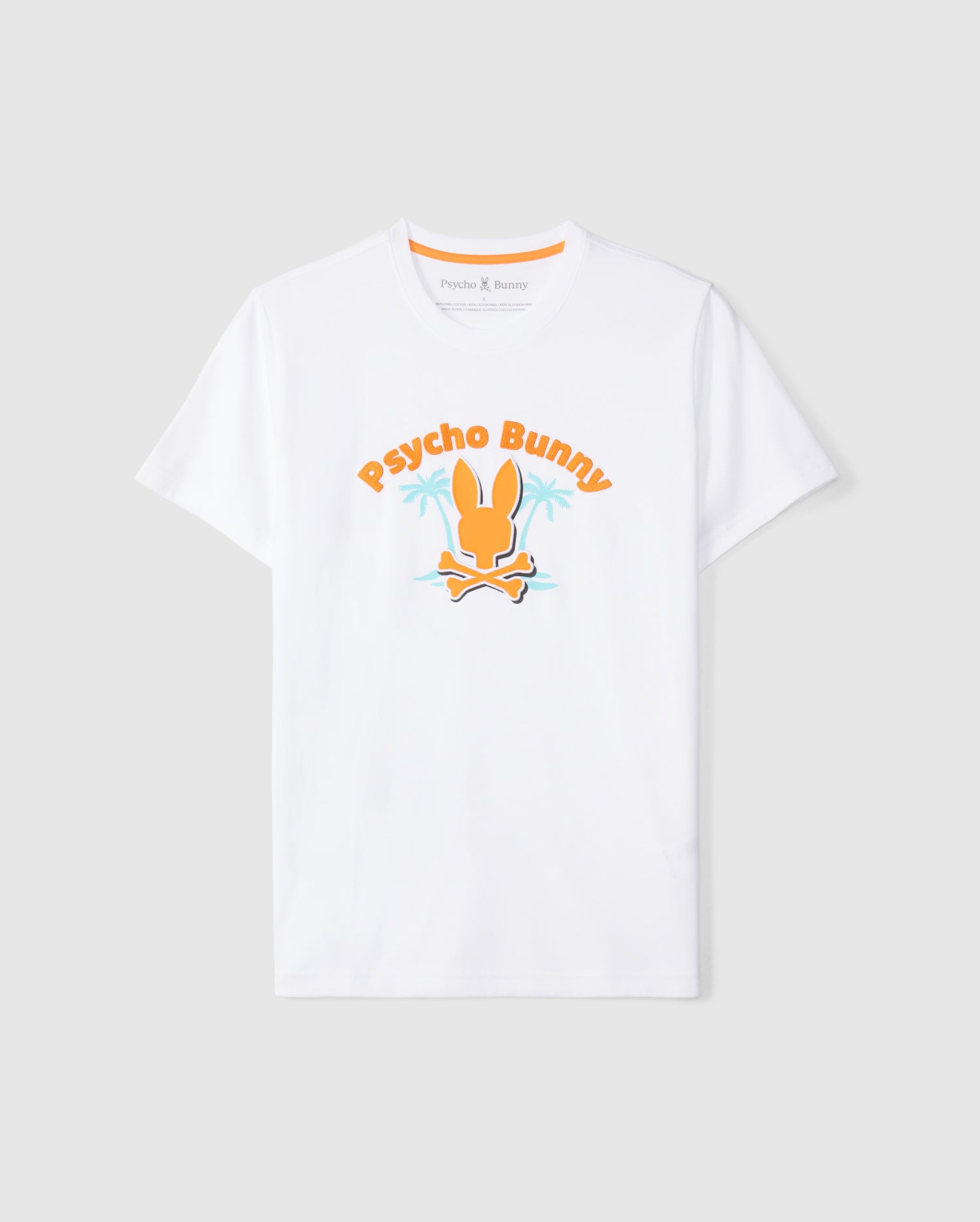 This MENS BOSTON GRAPHIC TEE - B6U573C200 by Psycho Bunny, made in Peru from luxurious Peruvian Pima cotton, features a vibrant graphic design with an orange bunny and crossed bones below it. The text 