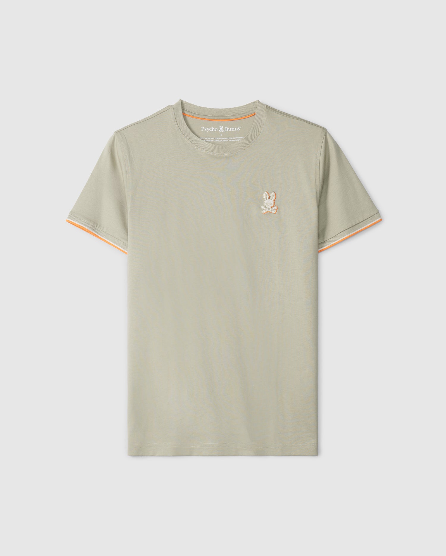 A light gray MENS KAYDEN FASHION TEE - B6U577C200 crafted from premium Pima cotton, featuring a round neckline and short sleeves. It boasts a small embroidered white bunny logo on the left chest and orange trim on the sleeve edges. The brand name 