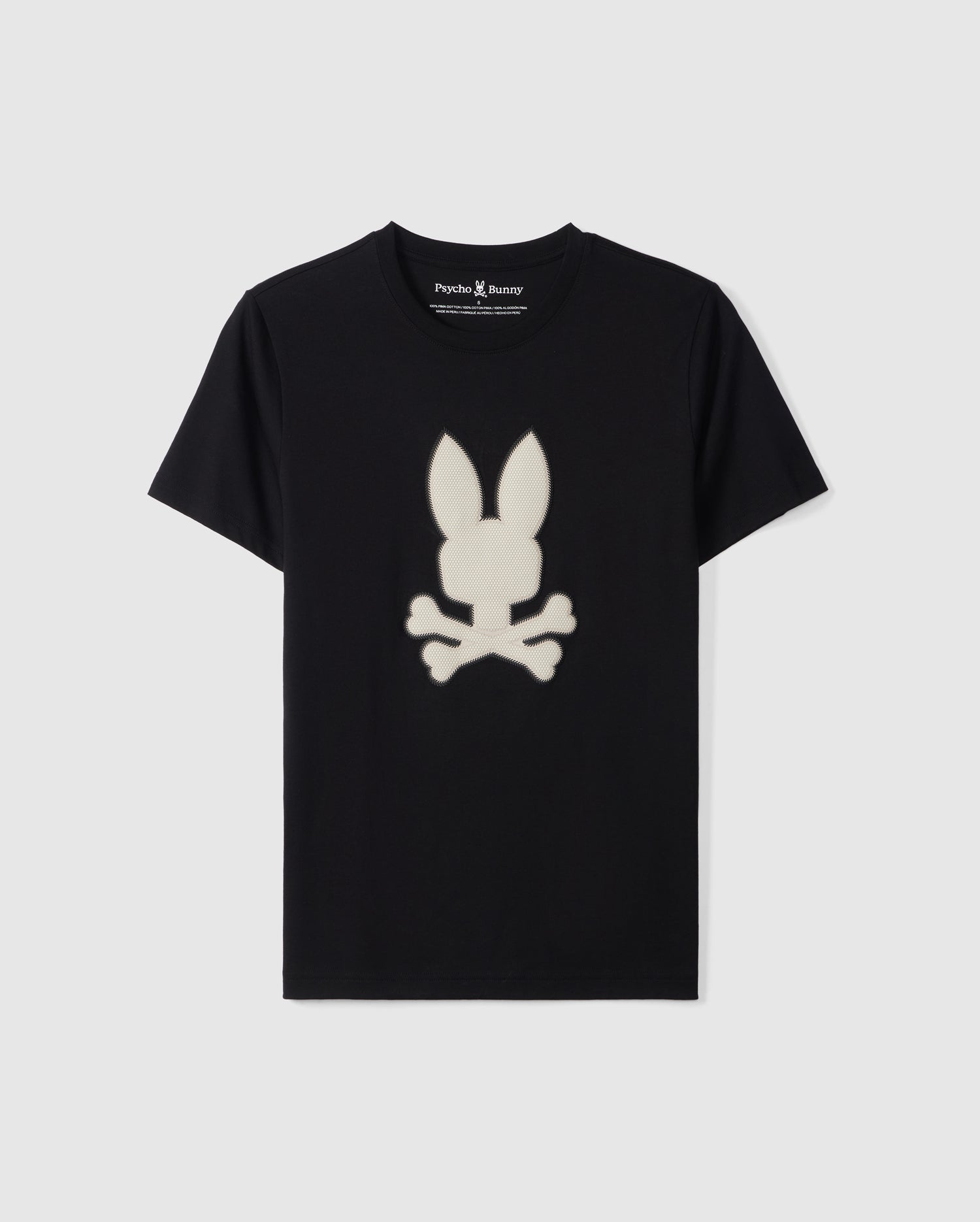 A black MENS RIVIERA GRAPHIC TEE - B6U639C200 crafted from luxurious Peruvian Pima cotton features a white, stylized bunny head with long ears above crossed bones in the center. 