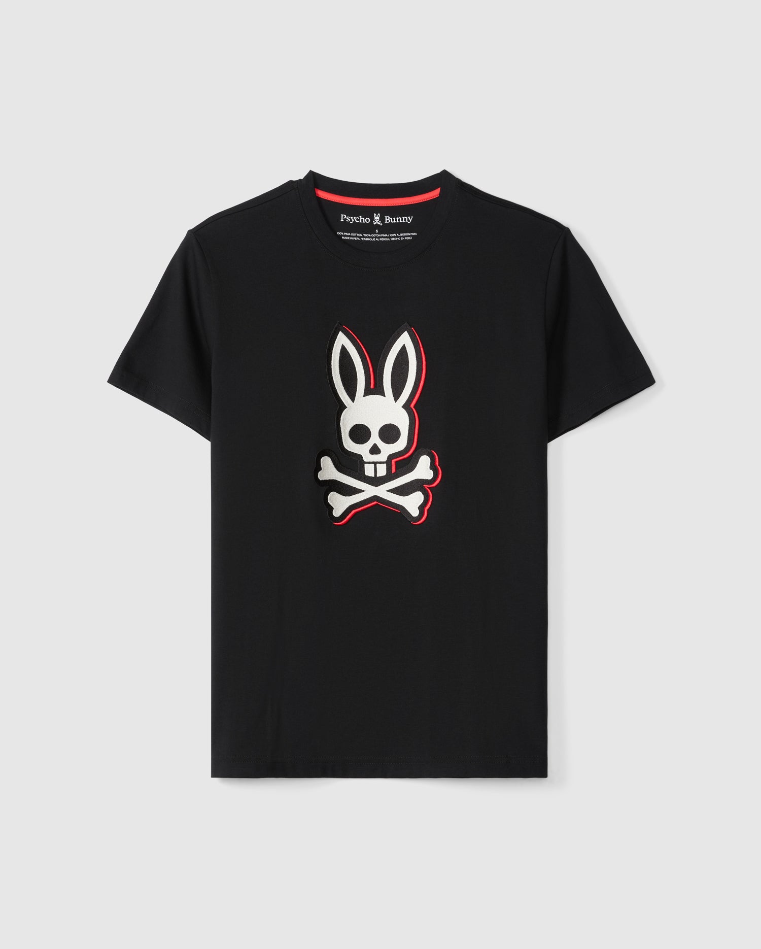 Black MENS KAYDEN GRAPHIC TEE - B6U676C200 featuring a skull with bunny ears above crossed bones on the front. The skull is white with black details, and the T-shirt has a round neckline and short sleeves. Made from Pima cotton, it has the brand name 