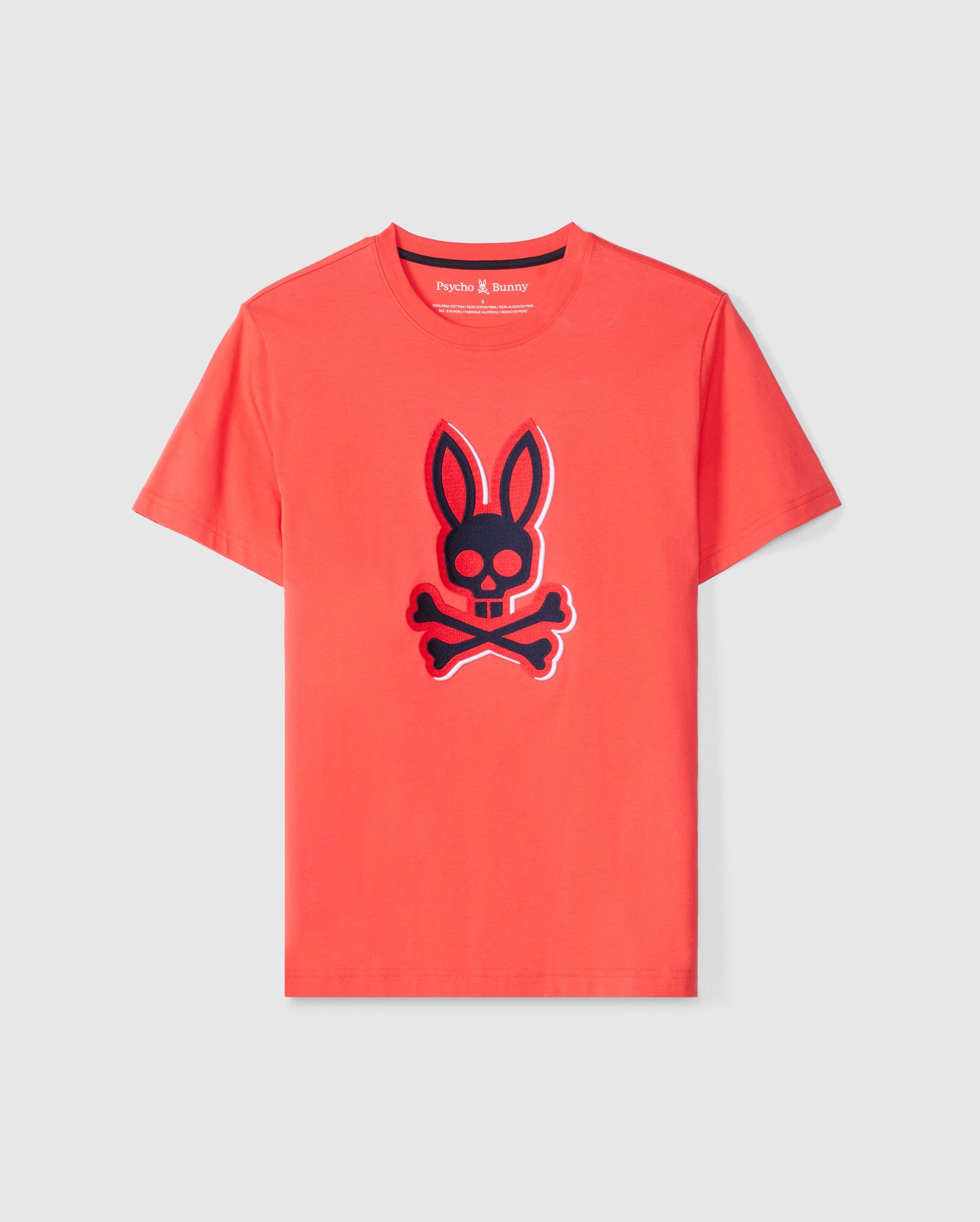 A bright red short-sleeve graphic tee featuring a bunny's head with crossbones below it in black and white with red accents, the MENS KAYDEN GRAPHIC TEE - B6U676C200. Made from soft Pima cotton, the T-shirt also has the brand name 