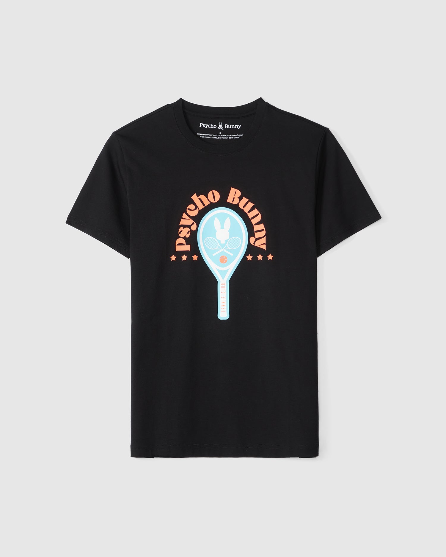 A black Pima cotton jersey T-shirt featuring a light blue tennis racket with a white bunny face inside. The tennis-inspired Bunny logo is surrounded by the words 