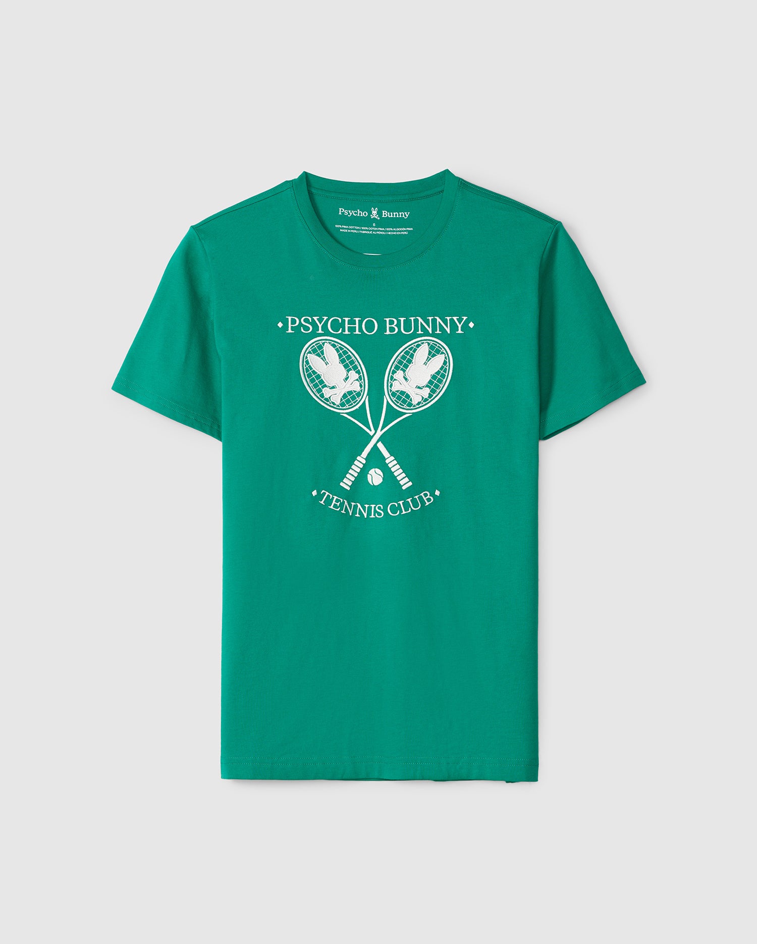 A green Psycho Bunny MENS COURTSIDE GRAPHIC TEE - B6U684C200 made from soft Pima cotton jersey features a white tennis-inspired Bunny logo with two crossed rackets and a bunny holding one in each paw. Above, it reads 