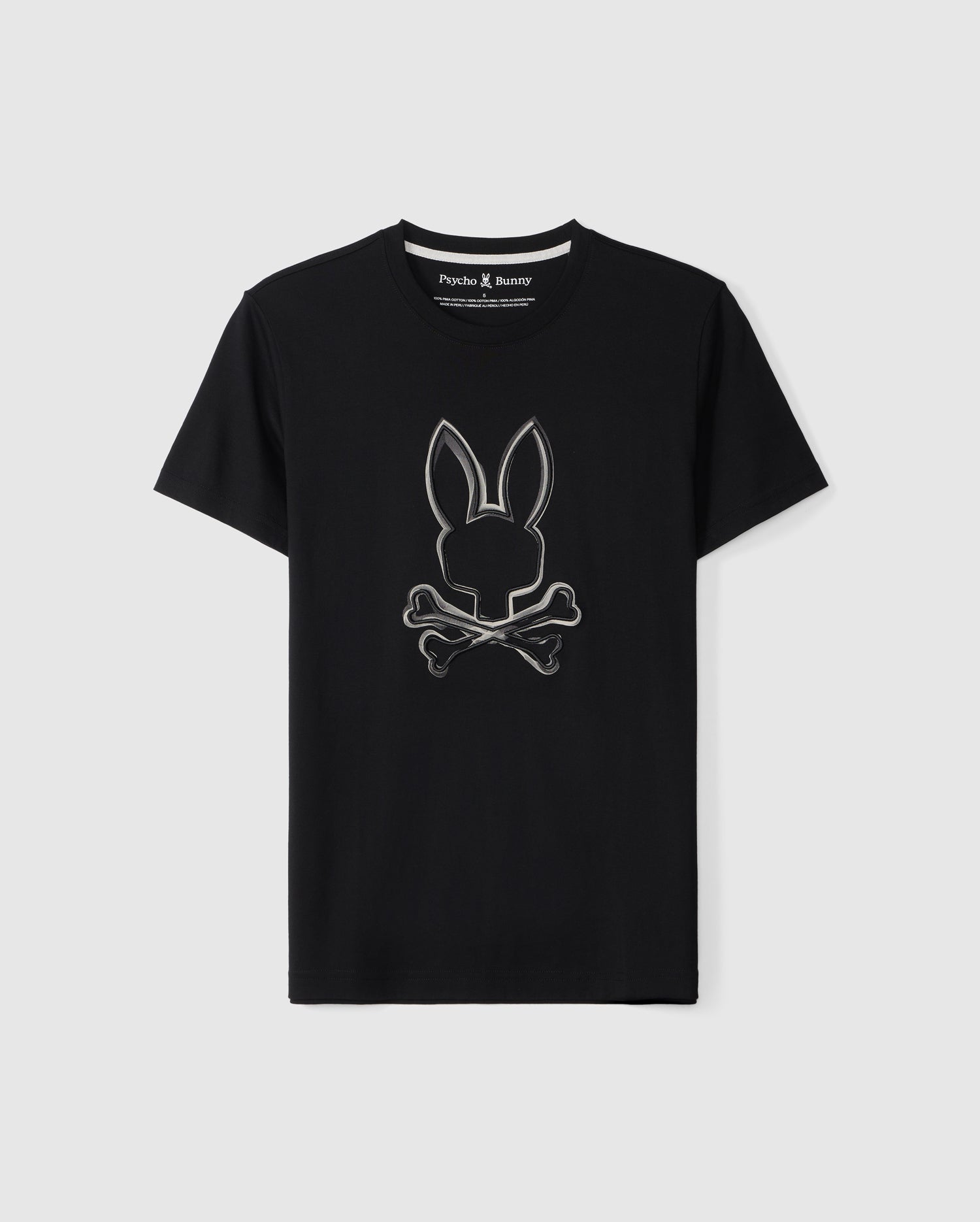 The Psycho Bunny Men's Vincent Graphic Tee (B6U713D200) is a black, short-sleeved T-shirt made from durable Pima cotton. It features a bunny skull and crossbones emblem on the front, along with visible stitching details, set against a plain white background.