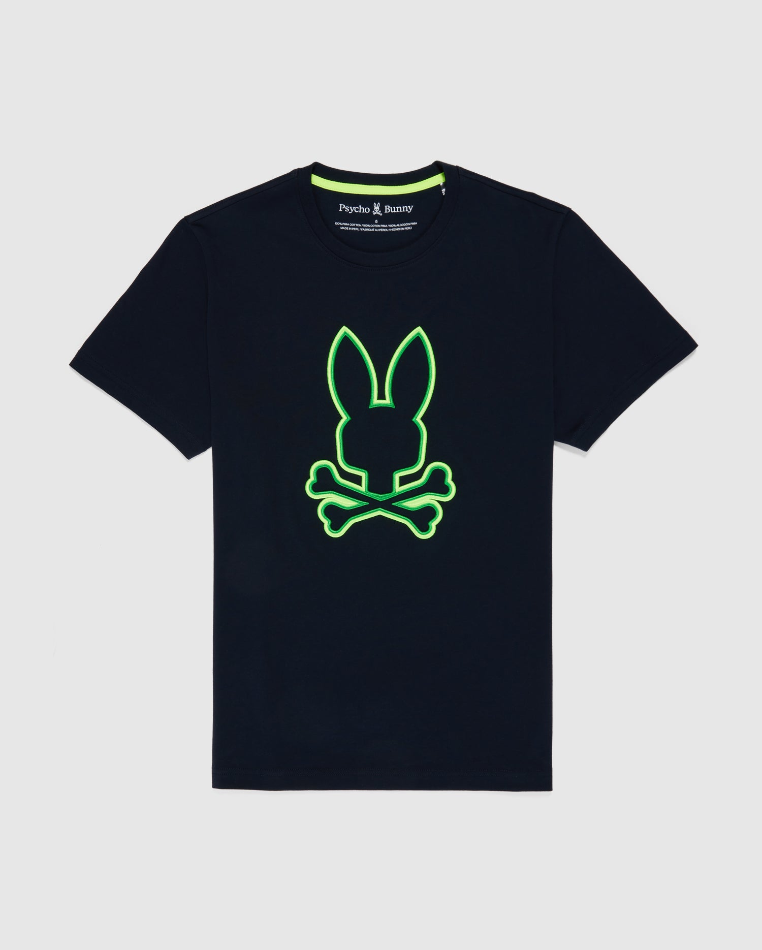 A black men's graphic tee featuring a fluorescent green outline of a bunny skull and crossbones logo in the center. Made from soft Pima cotton, this two-tone embroidered design showcases the text 