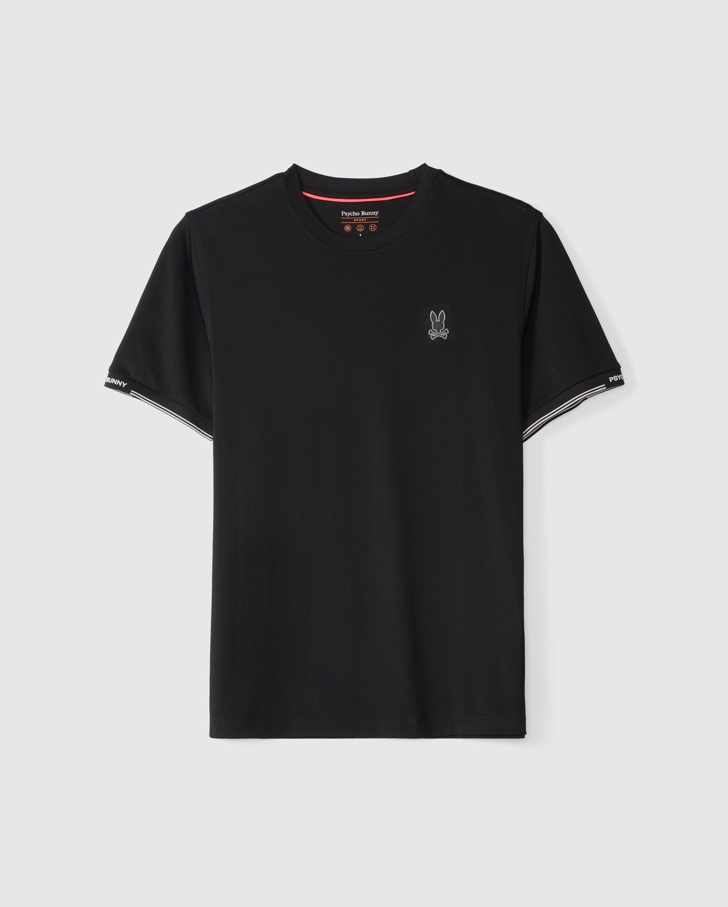 The MENS EDMONDS SPORT TEE - B6U857D200 by Psycho Bunny is a plain black T-shirt featuring short sleeves, a round neckline, and a small embroidered white bunny logo on the left chest area. The sleeve cuffs include subtle white detailing, with the brand name 