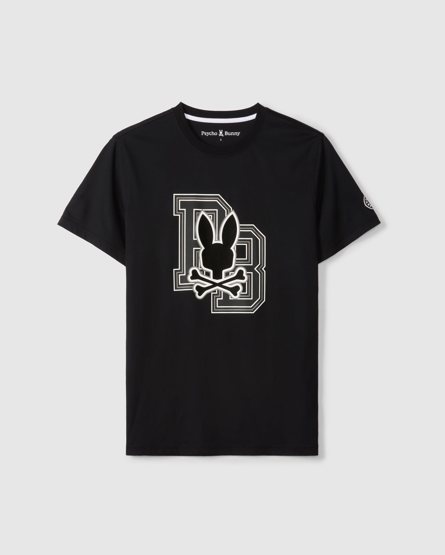 The MENS ZACK GRAPHIC TEE - B6U897D200 by Psycho Bunny is a black graphic tee with a striking design on the front. It showcases large outlined letters 