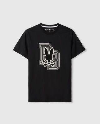 The MENS ZACK GRAPHIC TEE - B6U897D200 by Psycho Bunny is a black graphic tee with a striking design on the front. It showcases large outlined letters "DB" surrounding a stylized bunny skull and crossbones logo at the center. Crafted from premium Pima cotton, the inside collar features the brand name, "Psycho Bunny.