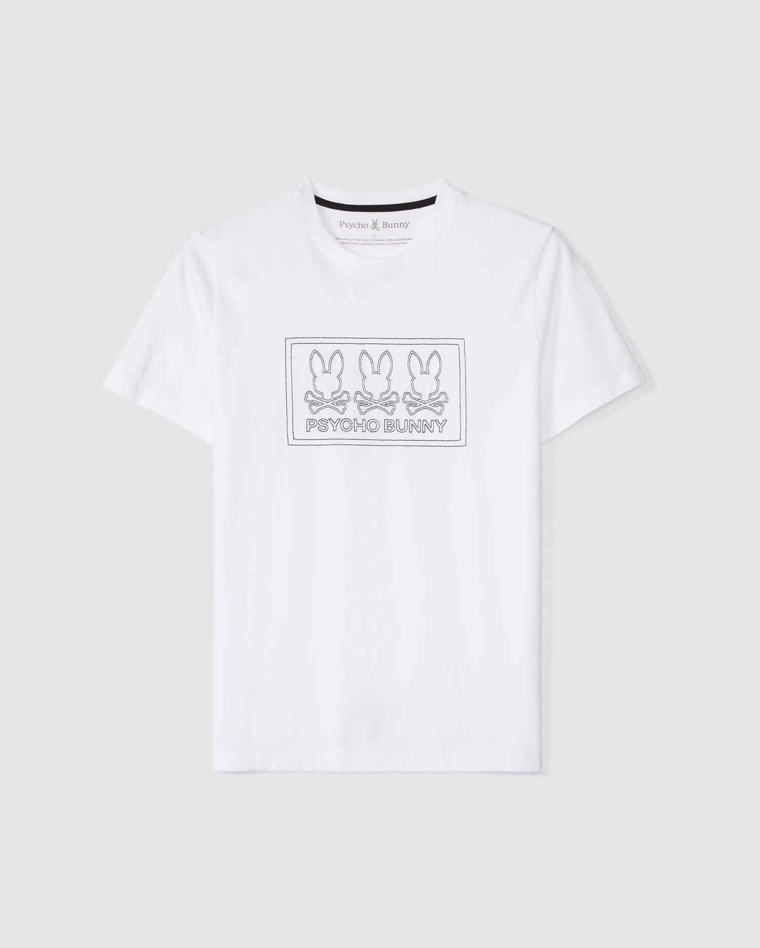 The MENS TACOMA GRAPHIC TEE - B6U909D200 by Psycho Bunny is a white short-sleeved graphic tee crafted from soft Pima cotton. It features a rectangular front logo design with three cartoon rabbits and the text 