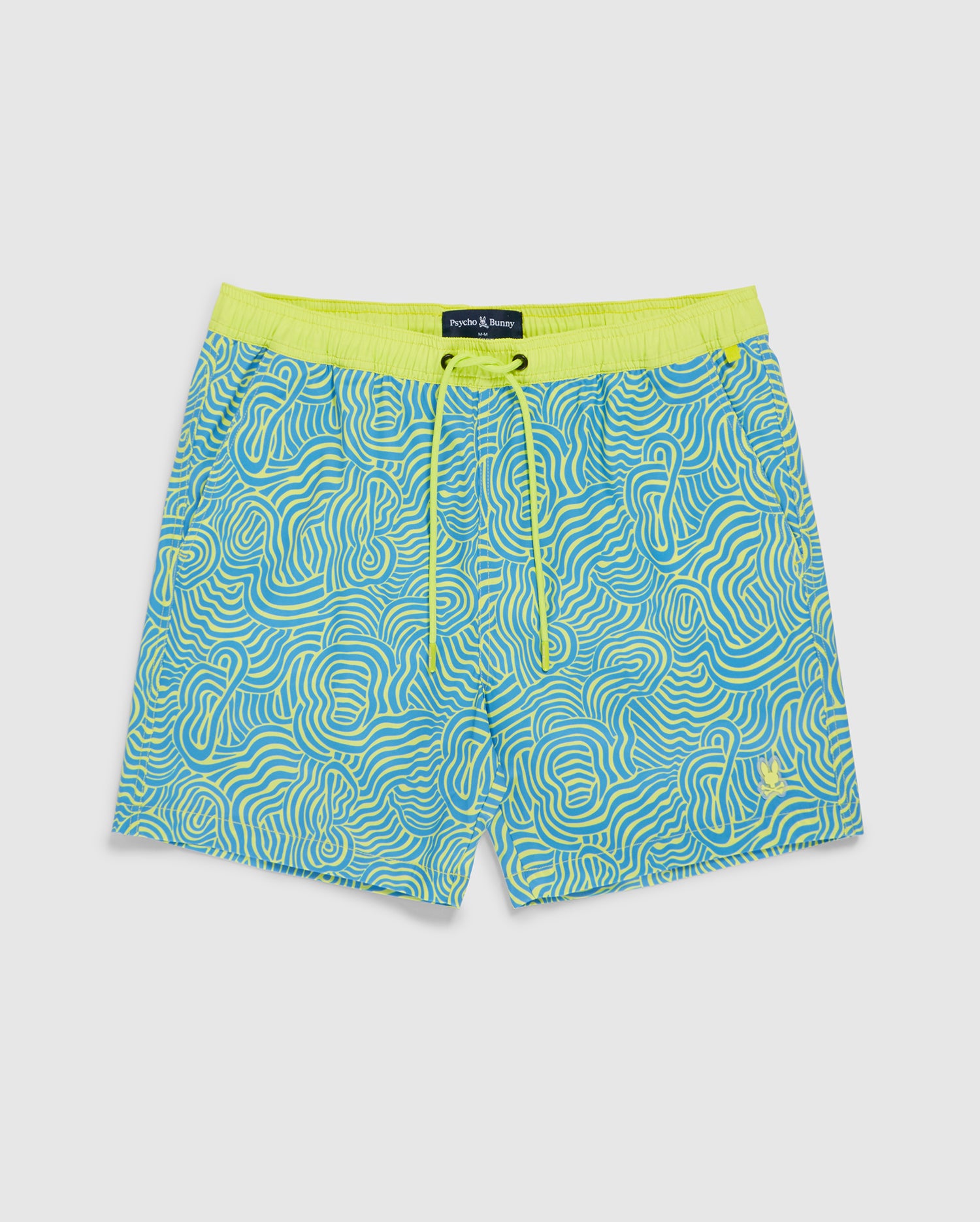 A pair of vibrant VERONA PRINT SWIM TRUNK - B6W172B2SW by Psycho Bunny featuring a neon green and blue wavy contour pattern. The waistband is a bright neon yellow, complemented by a yellow drawstring at the front. Made from quick-dry fabric, these shorts include a small emblem on the lower right leg.